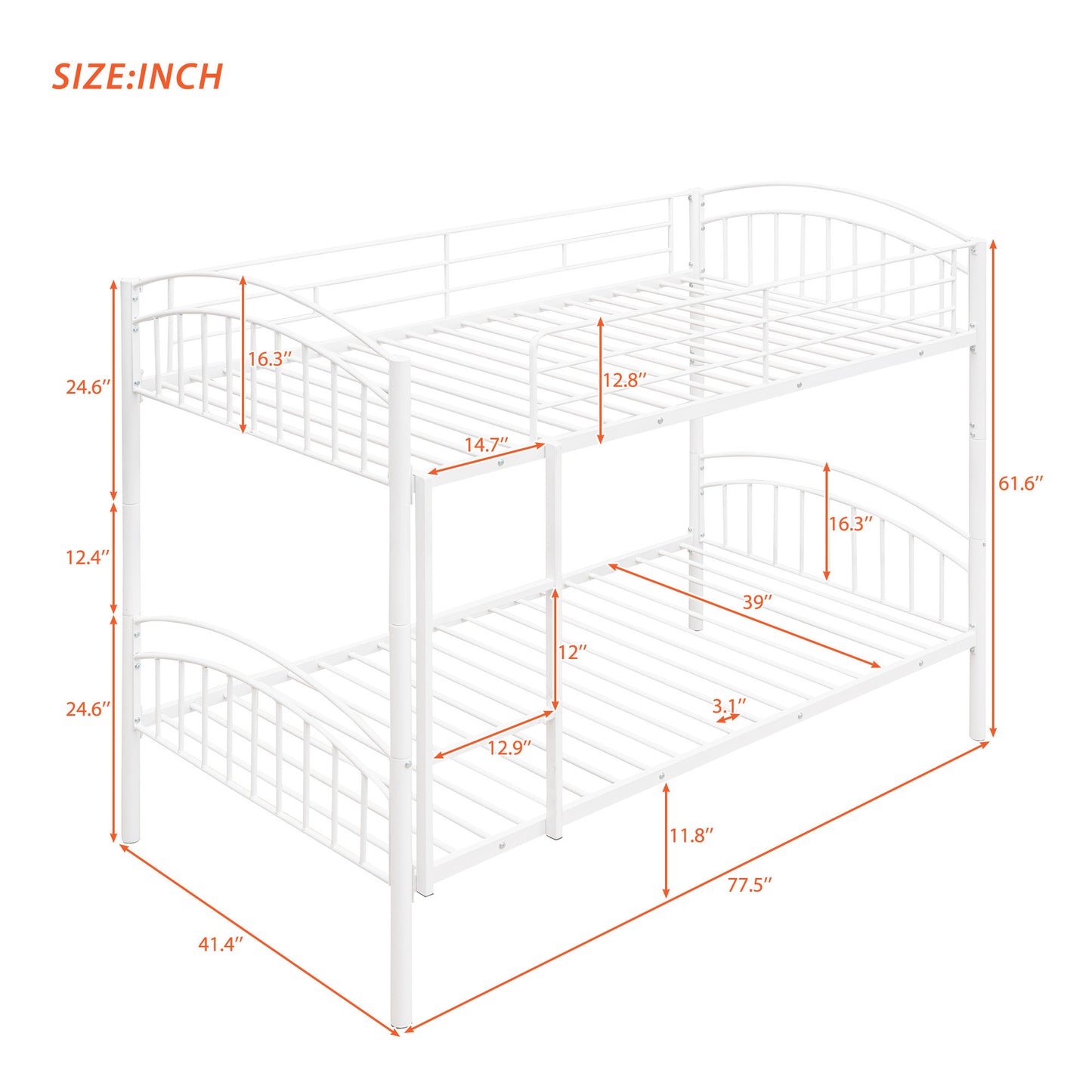 Chrome Finish Metal Twin Bunk Bed - White, Separable Twin Beds