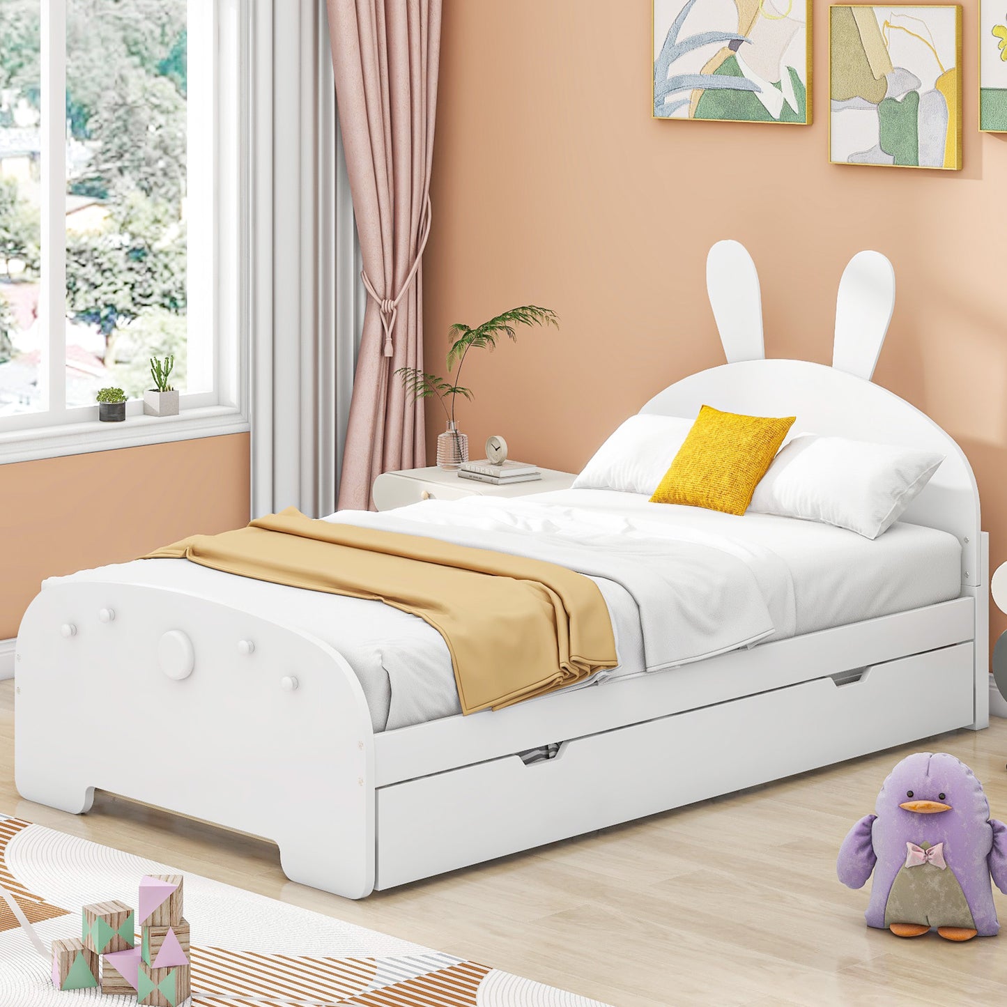 Wood Twin Size Platform Bed with Cartoon Ears Shaped Headboard and Trundle, White