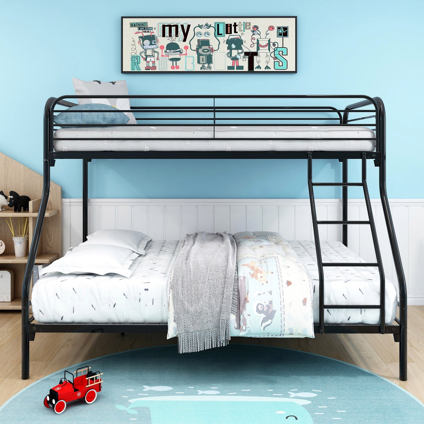 Elegant Black Metal Bunk Bed with Safety Features & Spacious Storage