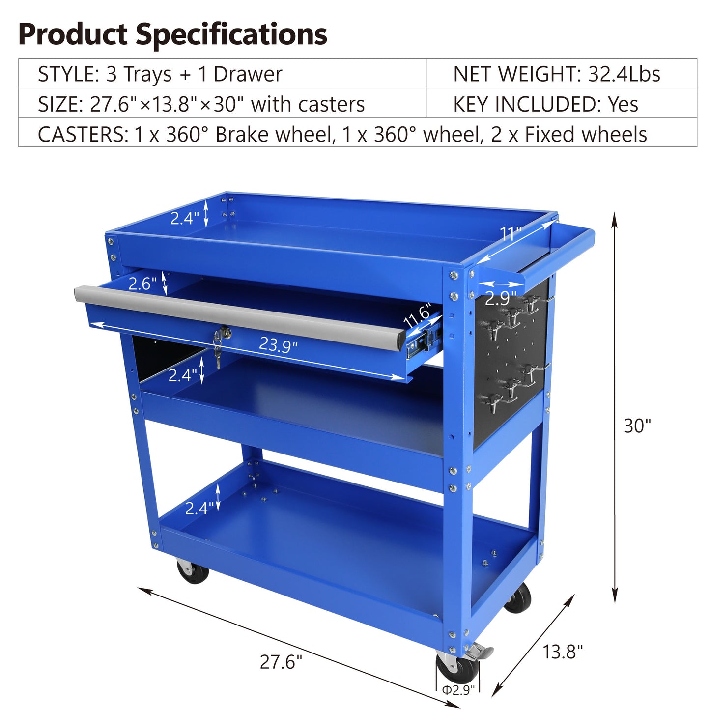 Rolling Tool Cart, Premium 1-Drawer Utility Cart, Heavy Duty Industrial Storage Organizer Mechanic Service Cart with Wheels and Locking System