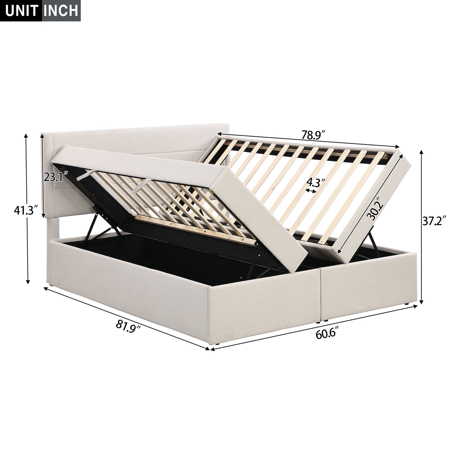 Queen Size Upholstered Platform Bed with Storage Underneath, Beige