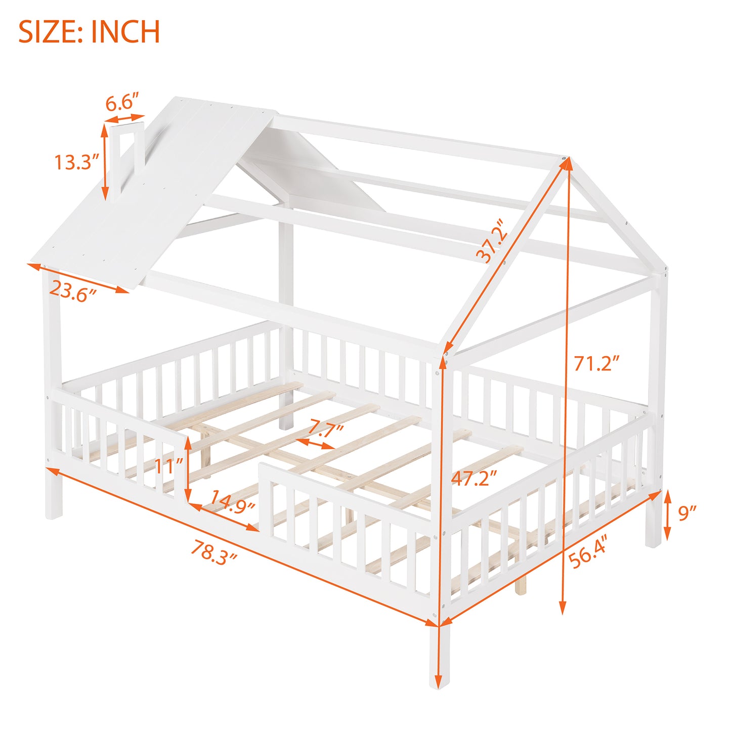 Full Size Wood House Bed with Fence, White