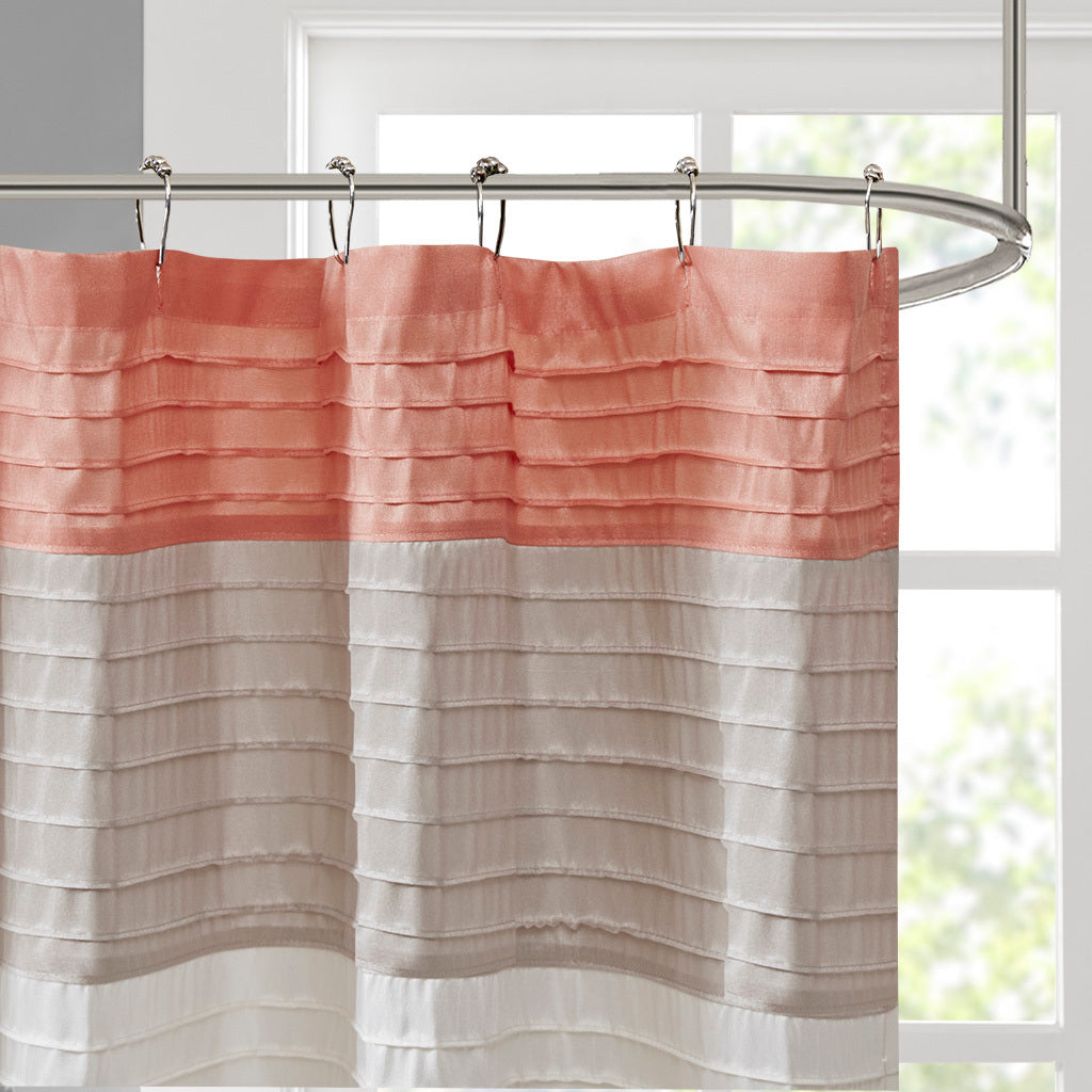 Coral Faux Silk Shower Curtain with Textured Pintuck Design