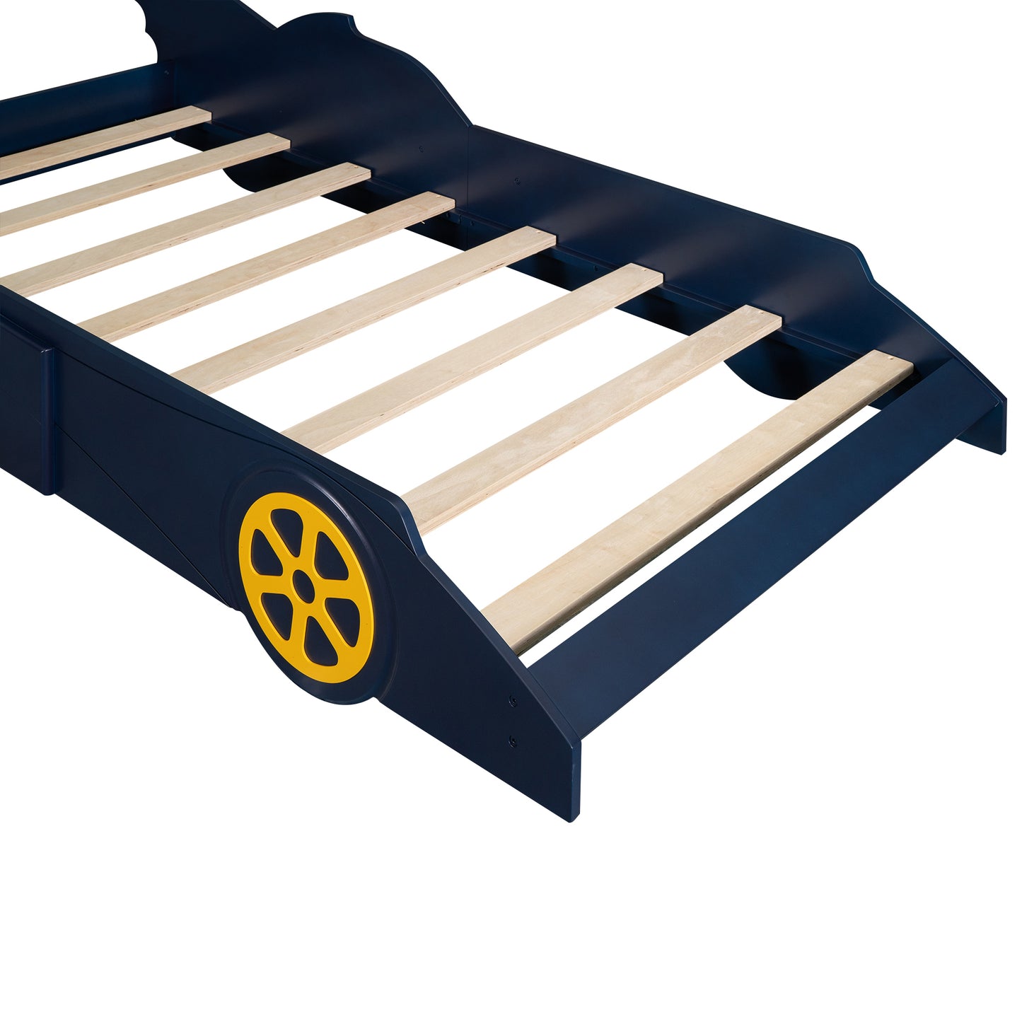 Twin Size Race Car-Shaped Platform Bed with Wheels,Blue+Yellow