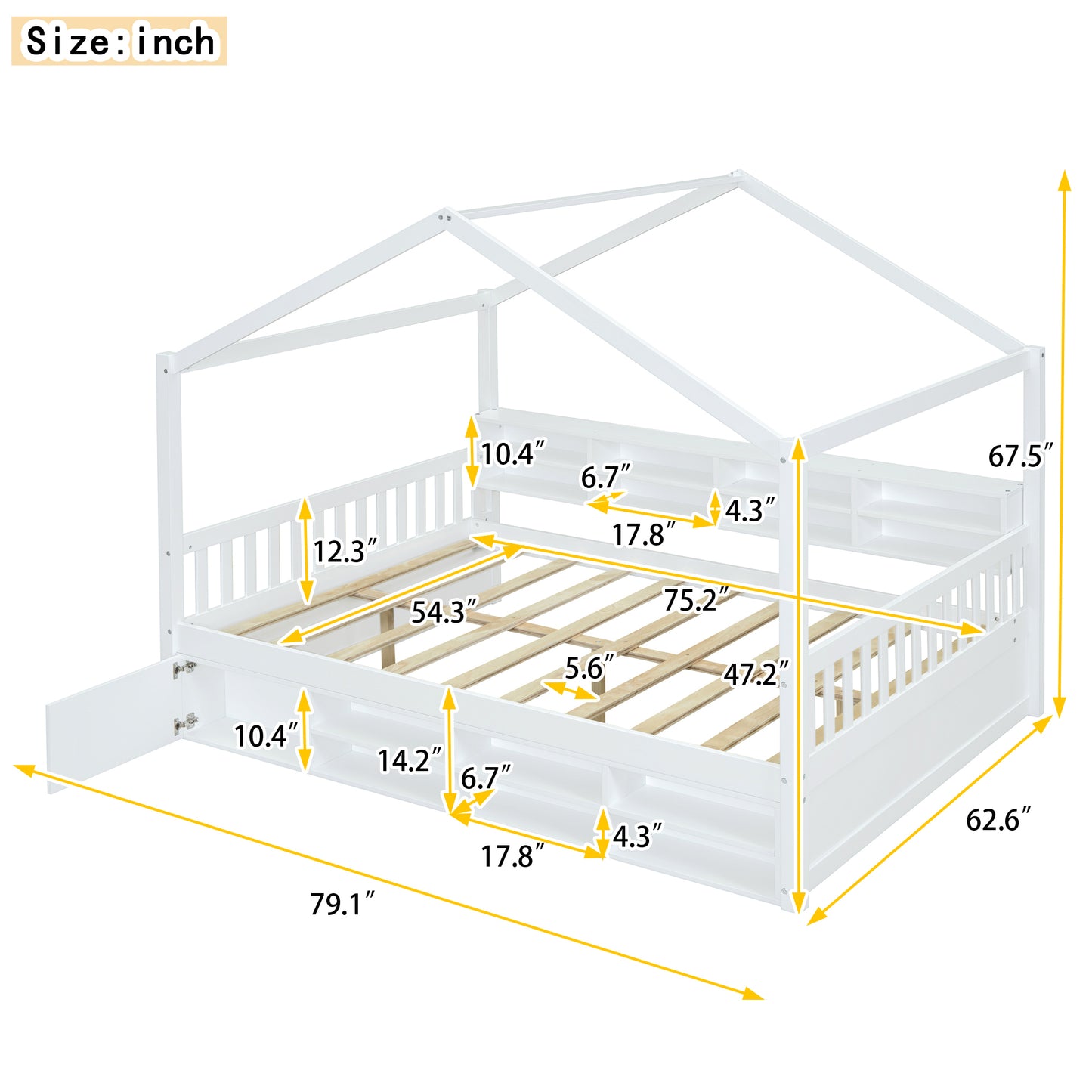 Full Size Wooden House Bed with Shelves and a Mini-cabinet, White