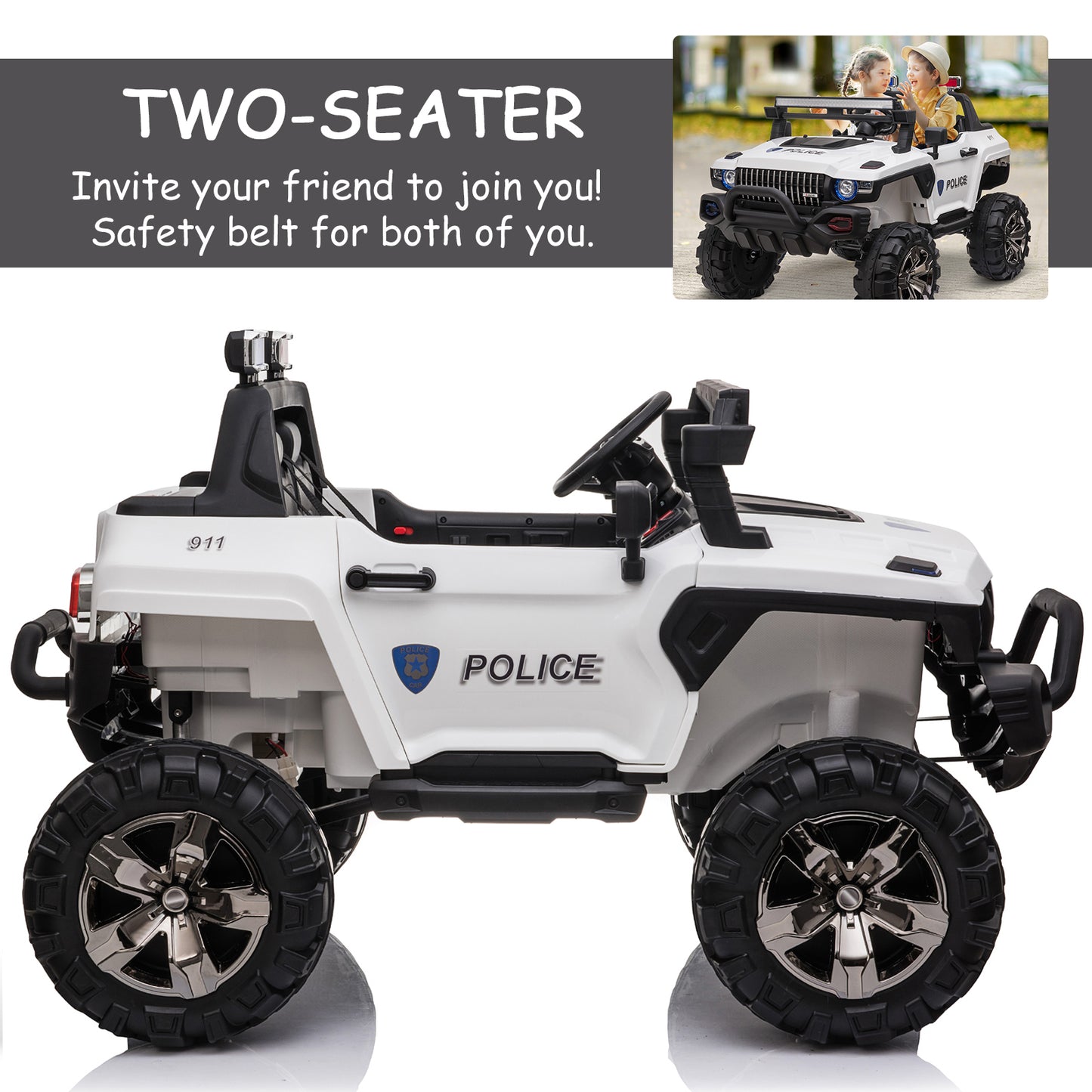 Aosom Big Size 53"L 2-Seater 12V Police Car Ride-on Truck with Remote Control and Siren, Battery-Operated Electric Car for Kids with Suspension, MP3 Player, Lights, Music, Horn, White