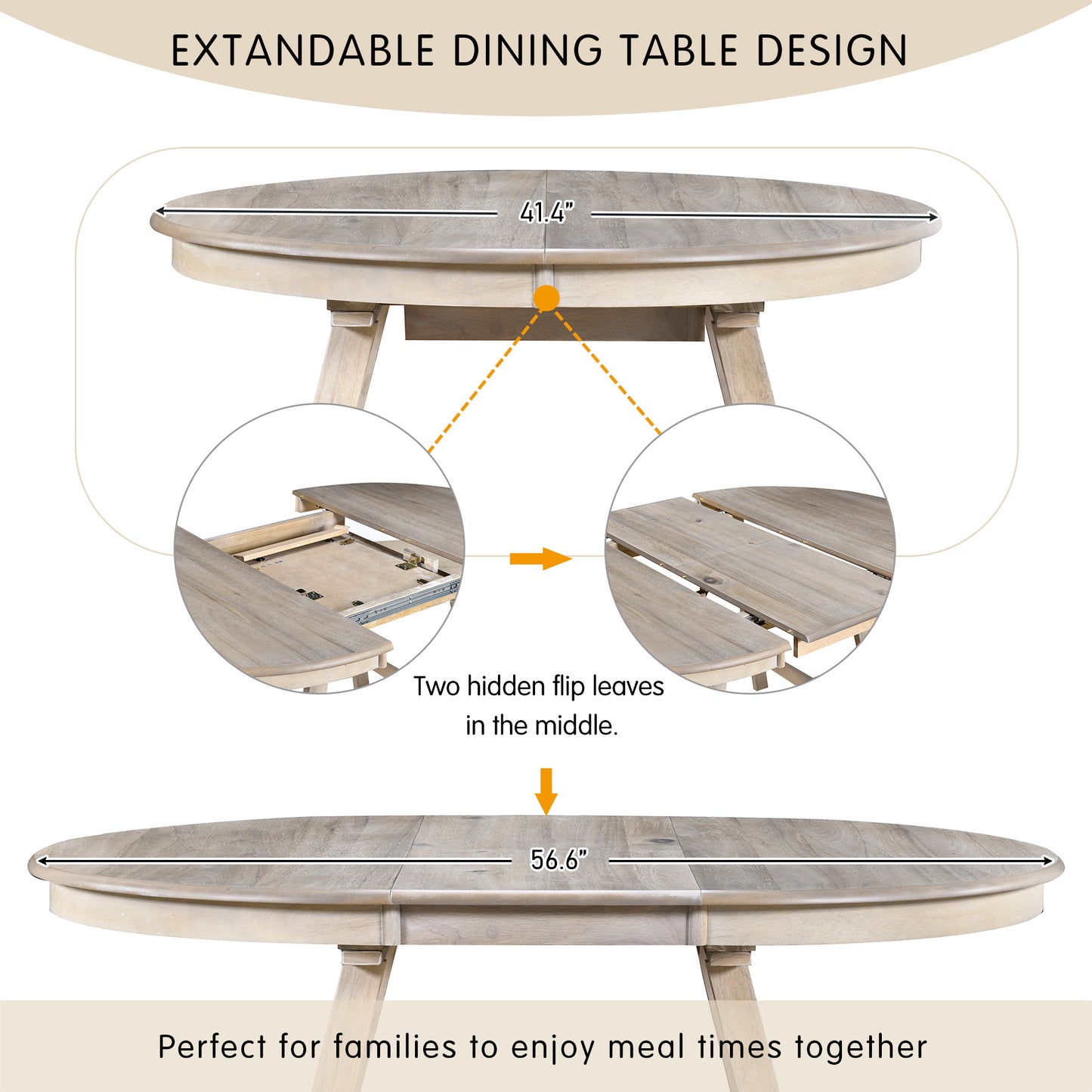 TREXM 5-Piece Wood Dining Table Set Round Extendable Dining Table with 4 Dining Chairs, Dining Room Table Set for 4 person for Dining Room (Natural Wood Wash)