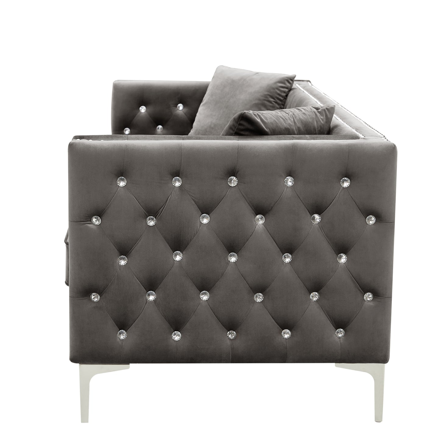 Modern Velvet Sofa with Jeweled Buttons and Tufted Square Arms, Grey, 2 Pillows Included