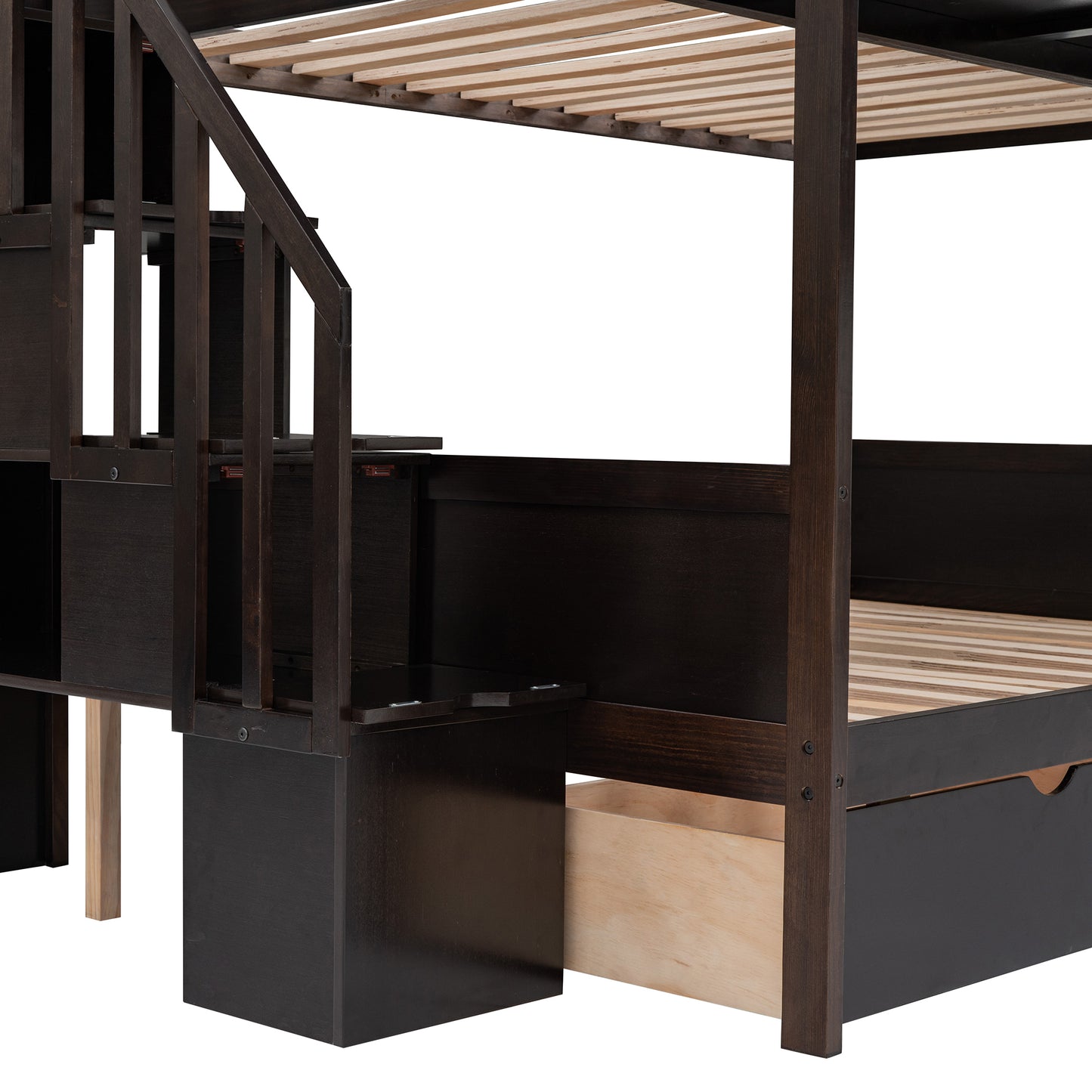 Espresso Finish Twin over Full Bunk Bed with Storage Staircase, Shelves, and 2 Drawers