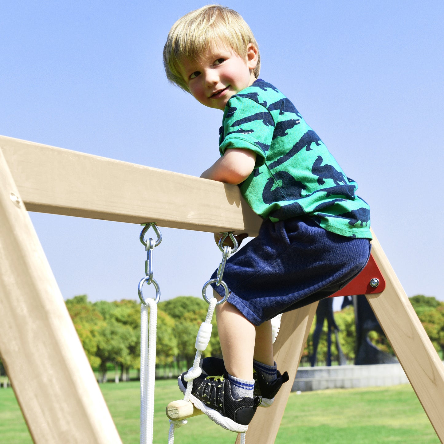 Wooden Swing Set with Slide and Climbing Rope Ladder for Toddler and Kids