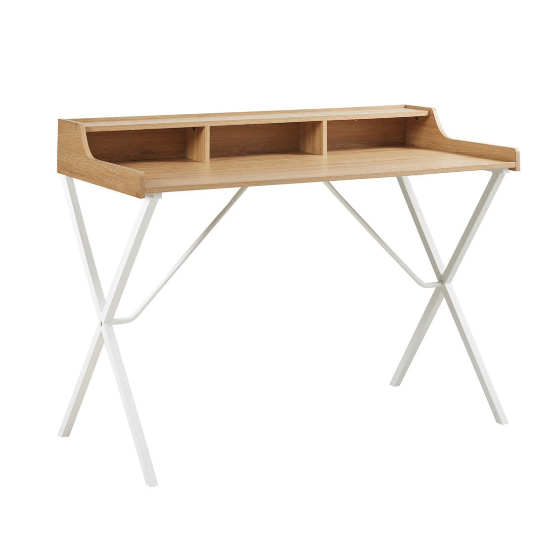 Modern White Writing Desk with Storage and Natural Finish