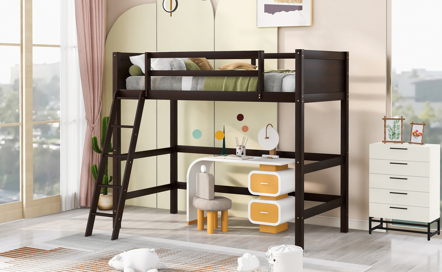 Solid Wood Twin Size Loft Bed with Ladder(Espresso)(: WF191903AAP)