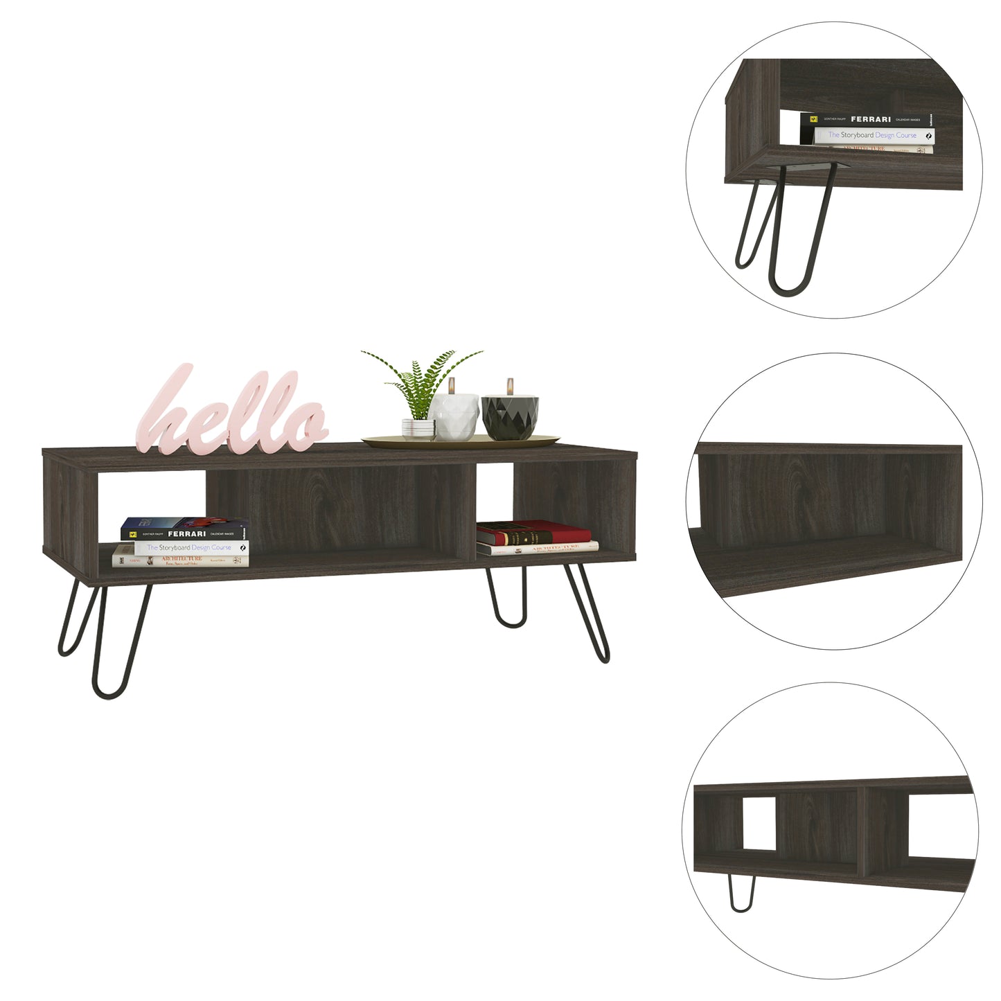 Vassel Modern Espresso Coffee Table with Hairpin Legs and Double Shelves