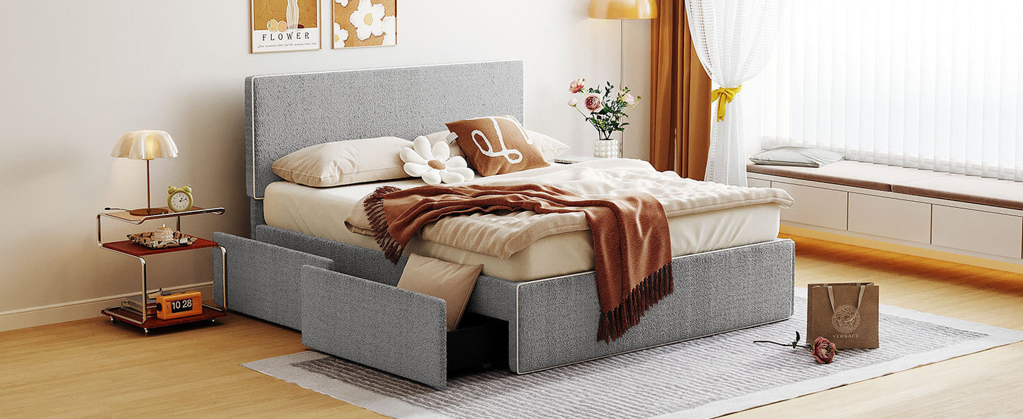 Full Size Upholstered Platform Bed with 4 Drawers and White Edge on the Headboard & Footboard, Gray