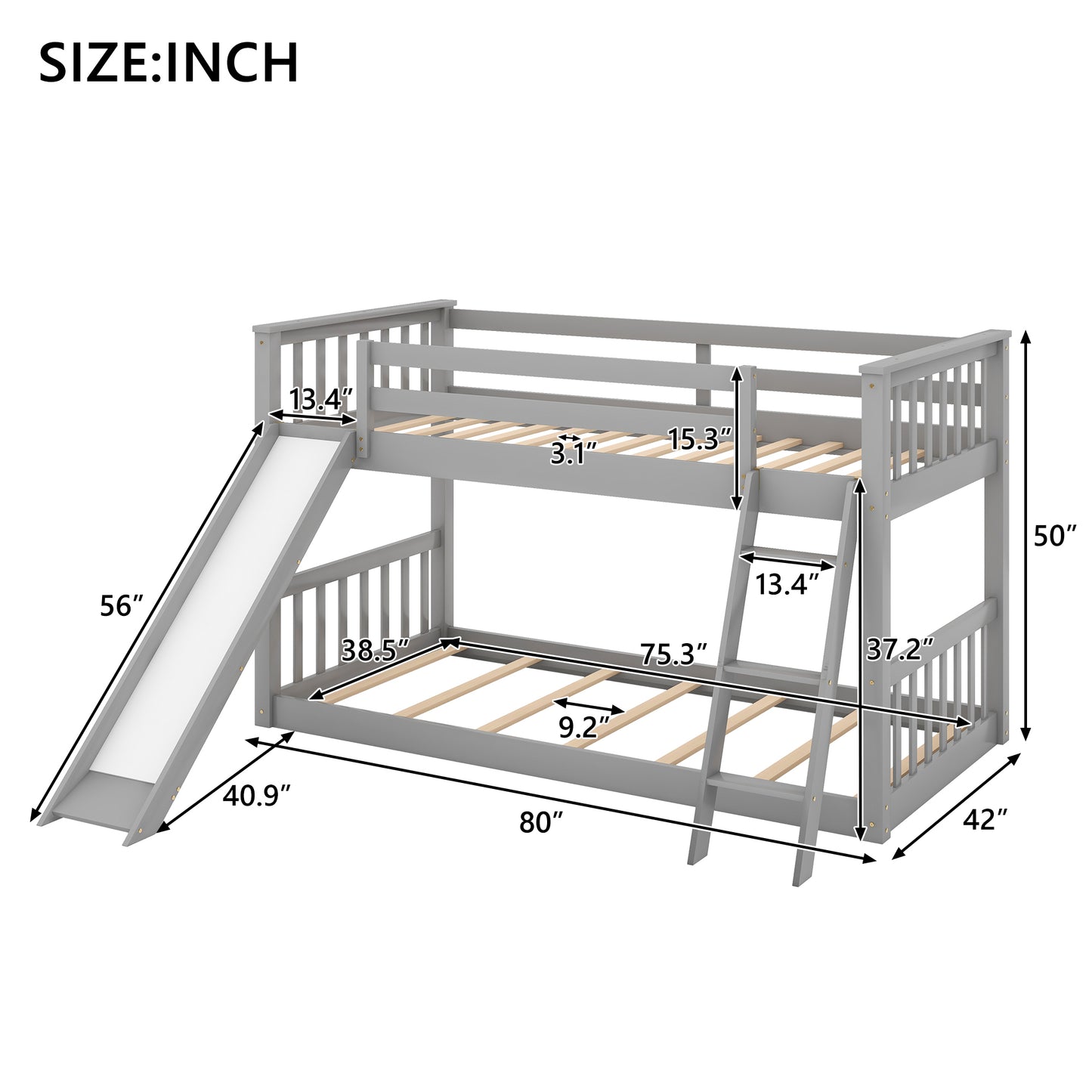 Gray Twin Bunk Bed with Removable Slide and Reversible Ladder