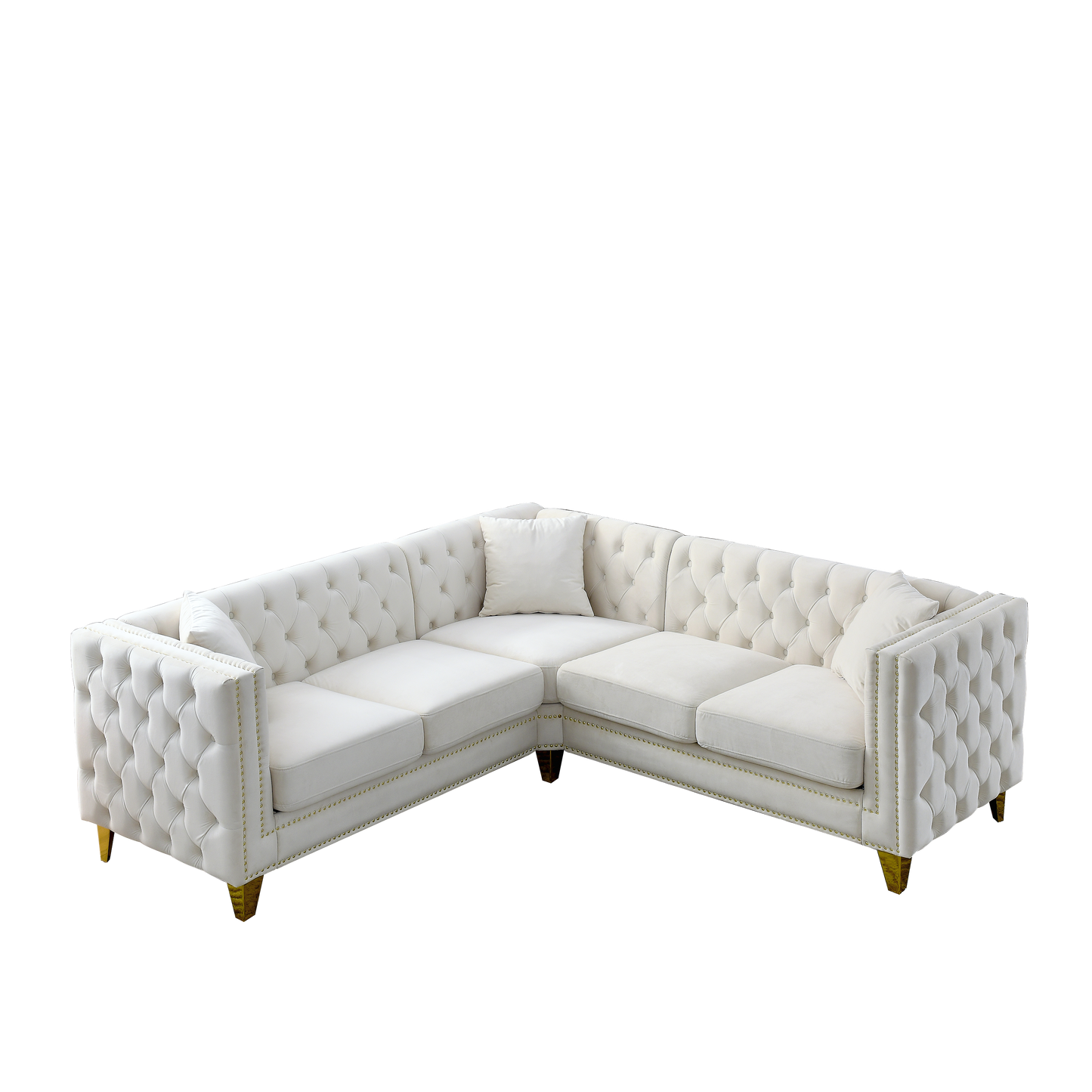 82.2-Inch Beige Velvet L-Shaped Sectional Sofa with Nailhead Trim and Metal Legs, 5-Seater Couch with Classic Chesterfield Design