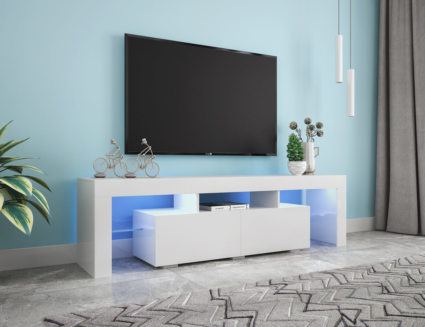 LED TV Stand with Remote Controlled Lights in Modern White, 20 Color Options