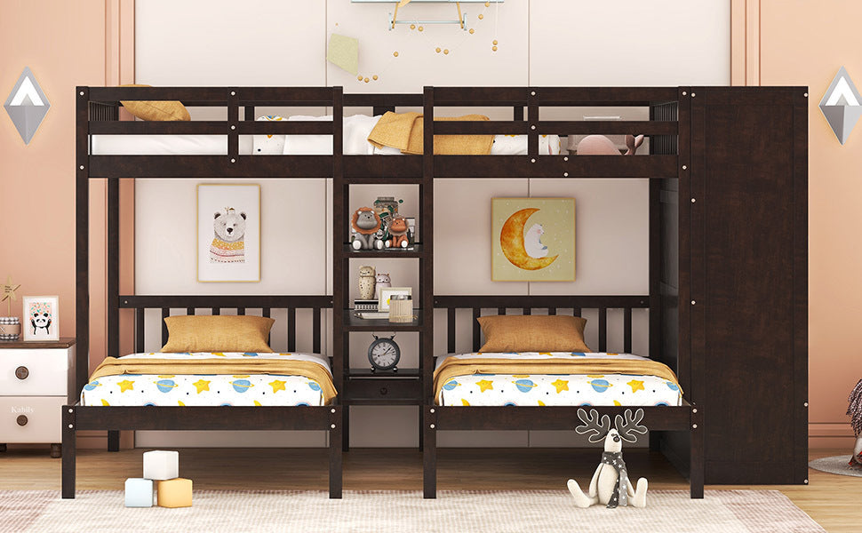 Efficient Espresso Bunk Bed with Twin Over Full, Wardrobe, Mirror, and Shelves