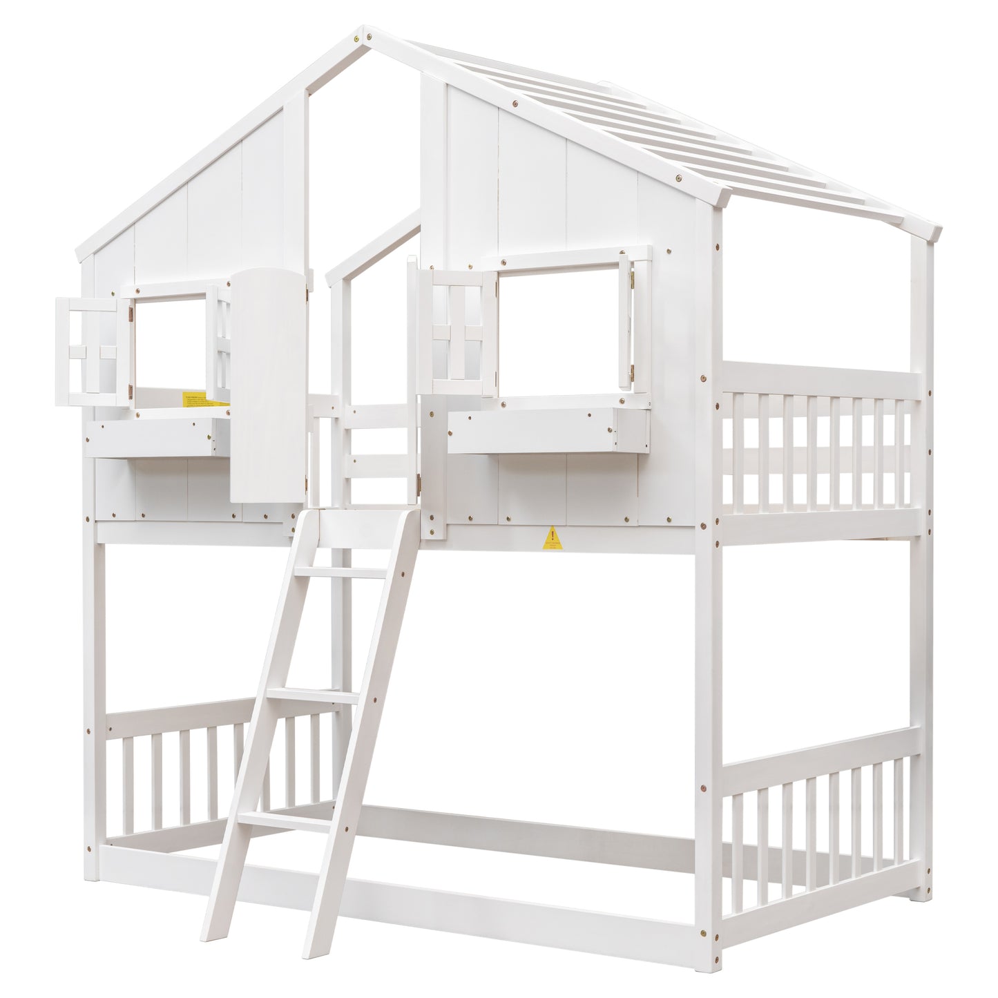 Cabin Inspired Kids' White Bunk Bed with Roof, Window, and Door