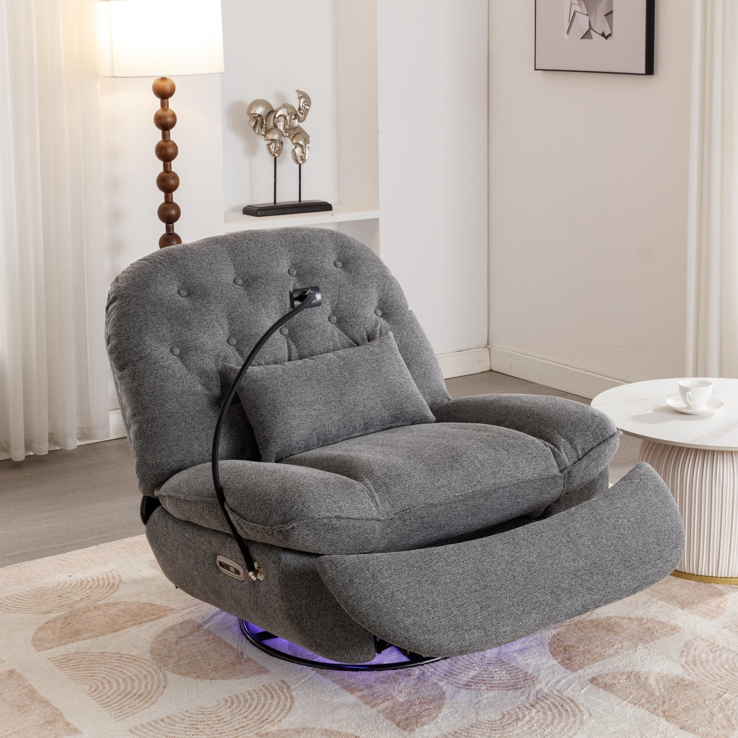 Smart Grey Recliner with Swivel, Voice Control, and Bluetooth Music Player