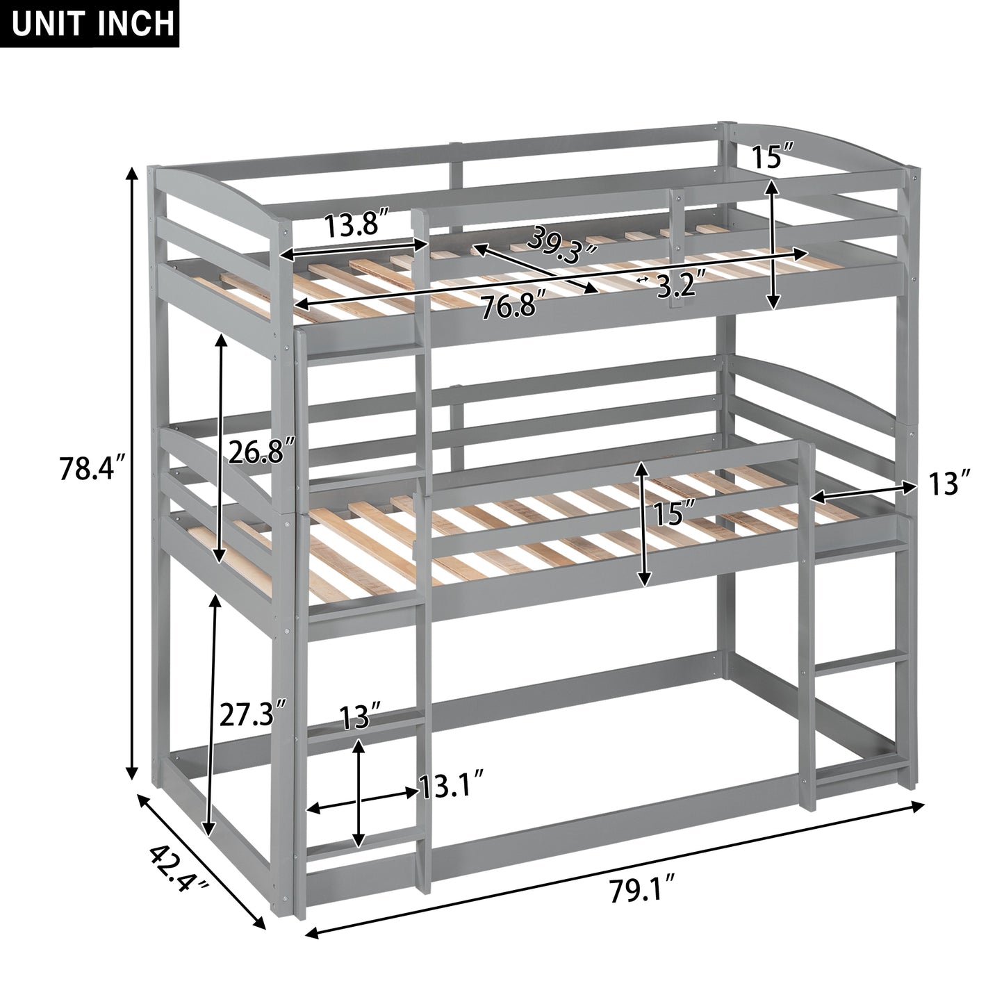 Gray Stain Triple Tier Bunk Bed