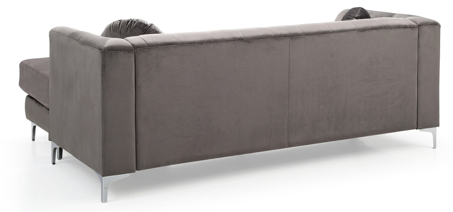 Elegant Dark Gray Velvet Sofa Chaise with Chromed Steel Legs