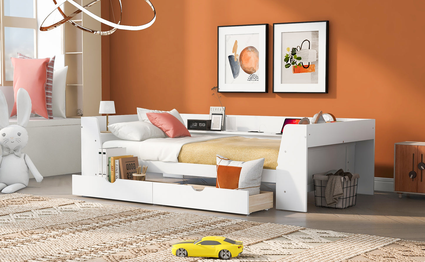 Twin Size Daybed with Shelves, Drawers and Built-In Charging Station, White