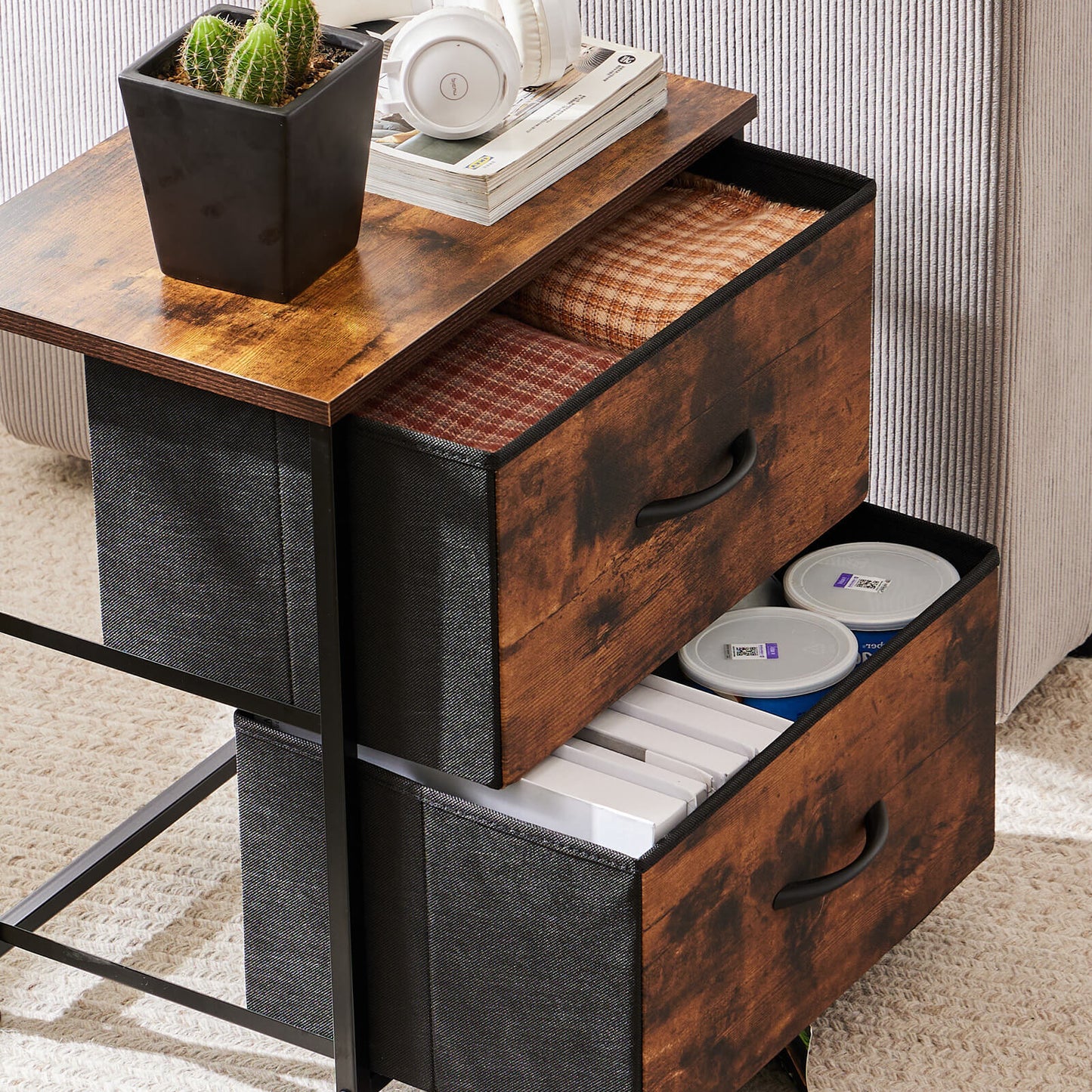 Brown Wood Top Dresser with Metal Frame and Fabric Drawers