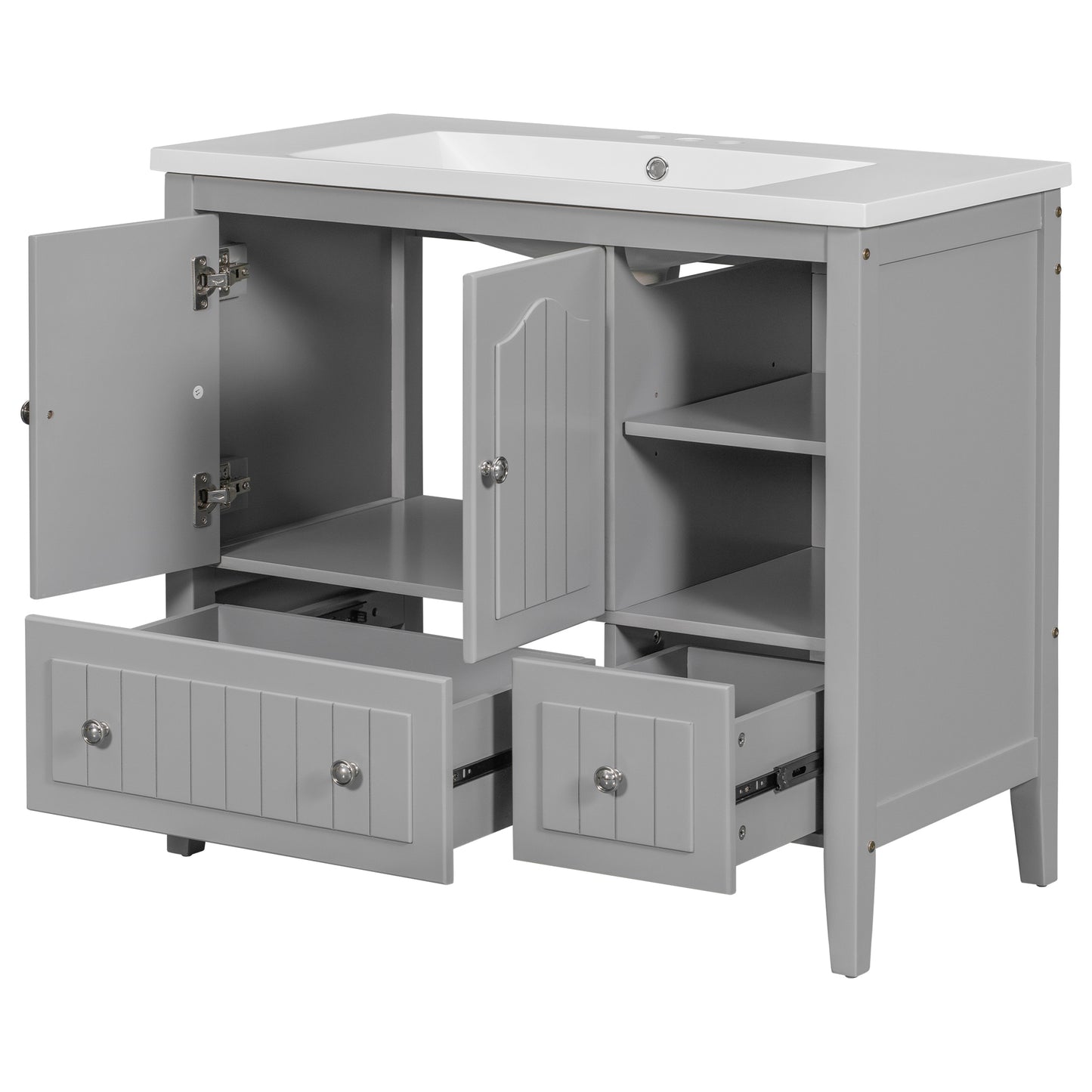 36" Bathroom Vanity with Ceramic Basin, Bathroom Storage Cabinet with Two Doors and Drawers, Solid Frame, Metal Handles, Grey