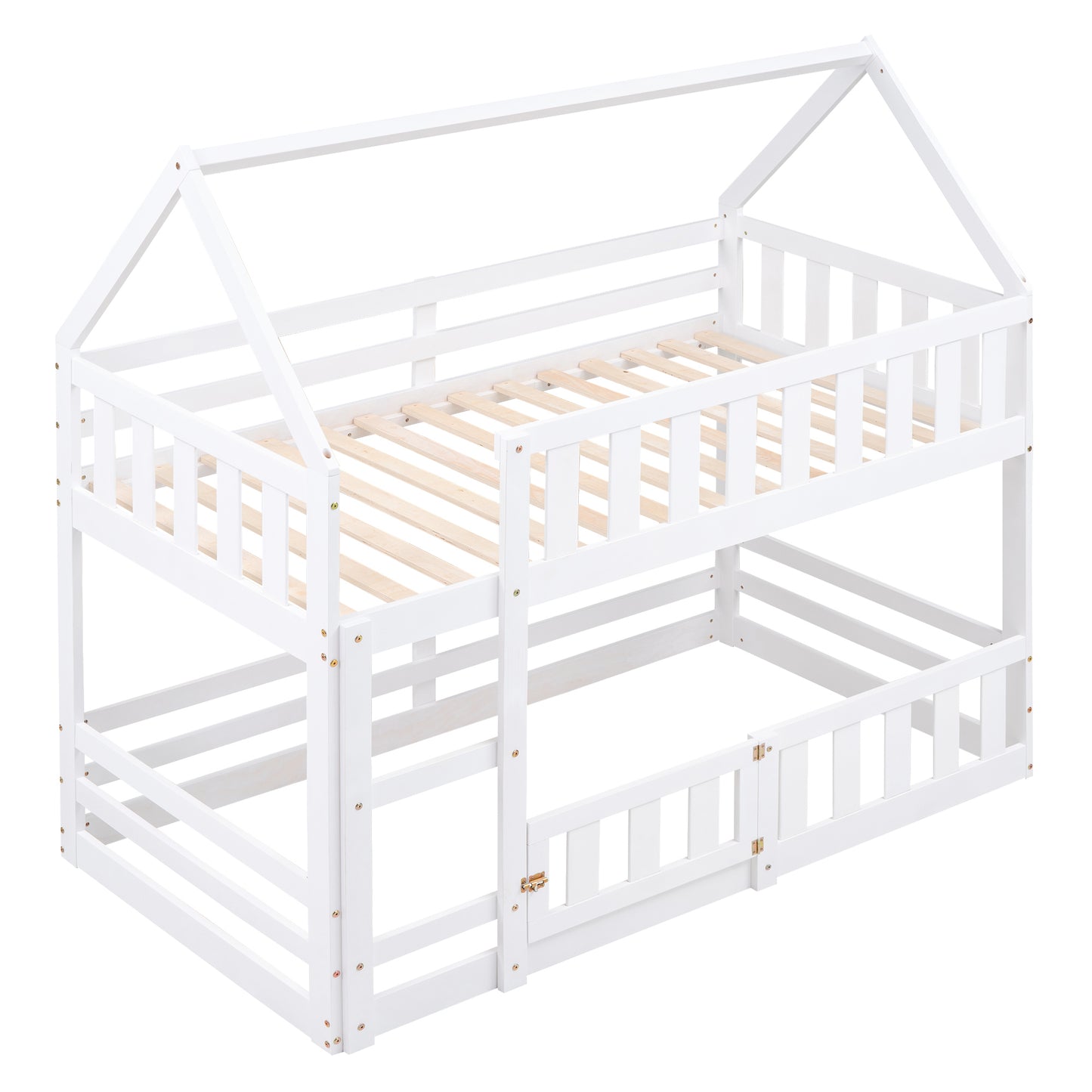 Enchanted White Twin over Twin House Bunk Bed with Playful Fence and Entryway