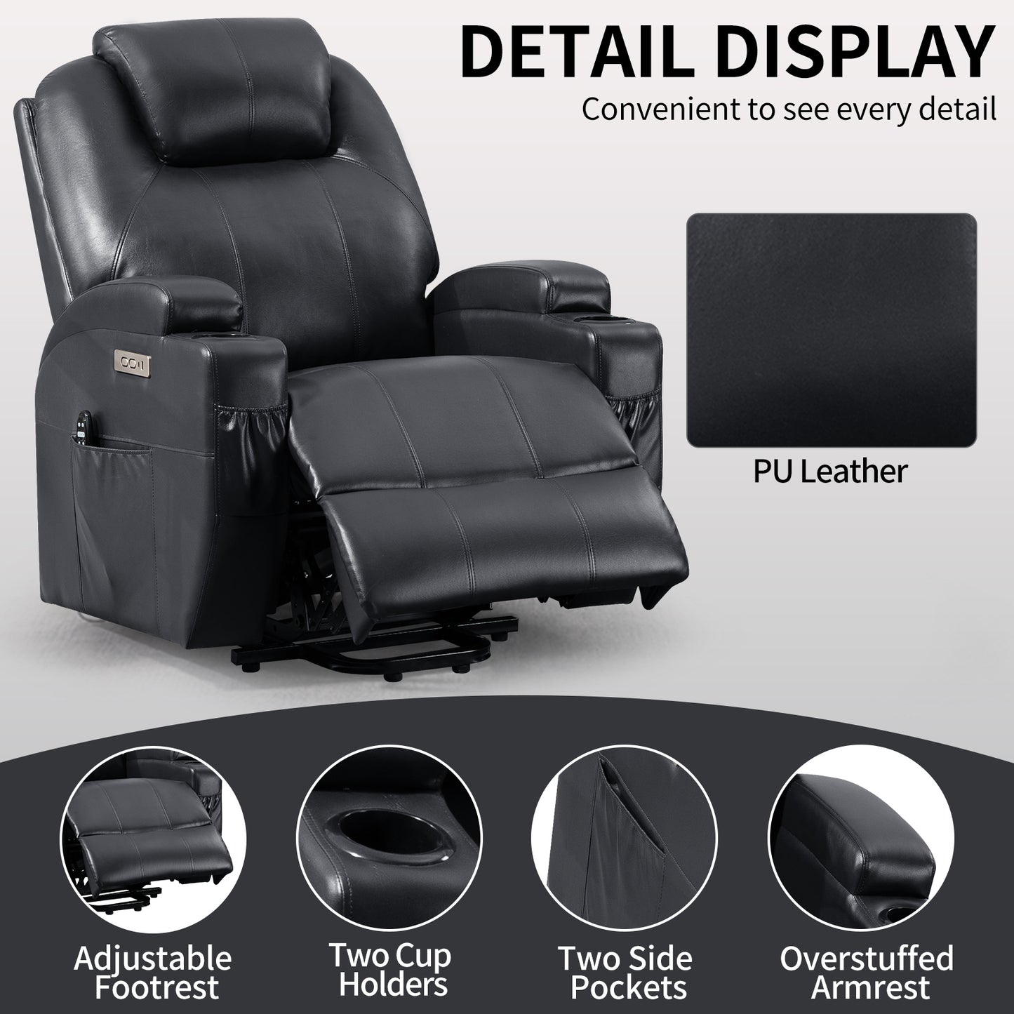 Electric Power Lift Recliner Chair with Massage, Heat, Cup Holders, and USB Port for Elderly - Black