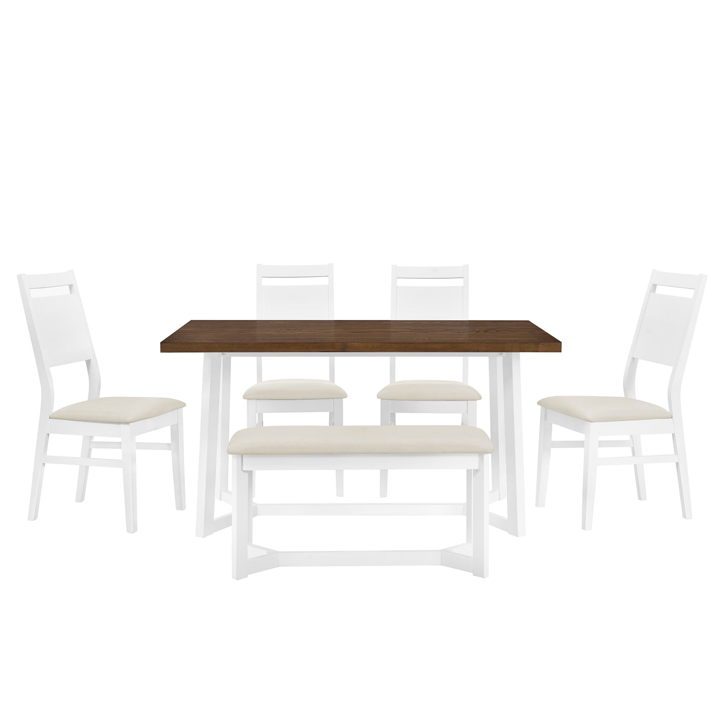 Farmhouse 6-Piece Wood Dining Table Set with 4 Upholstered Chairs and Bench, White