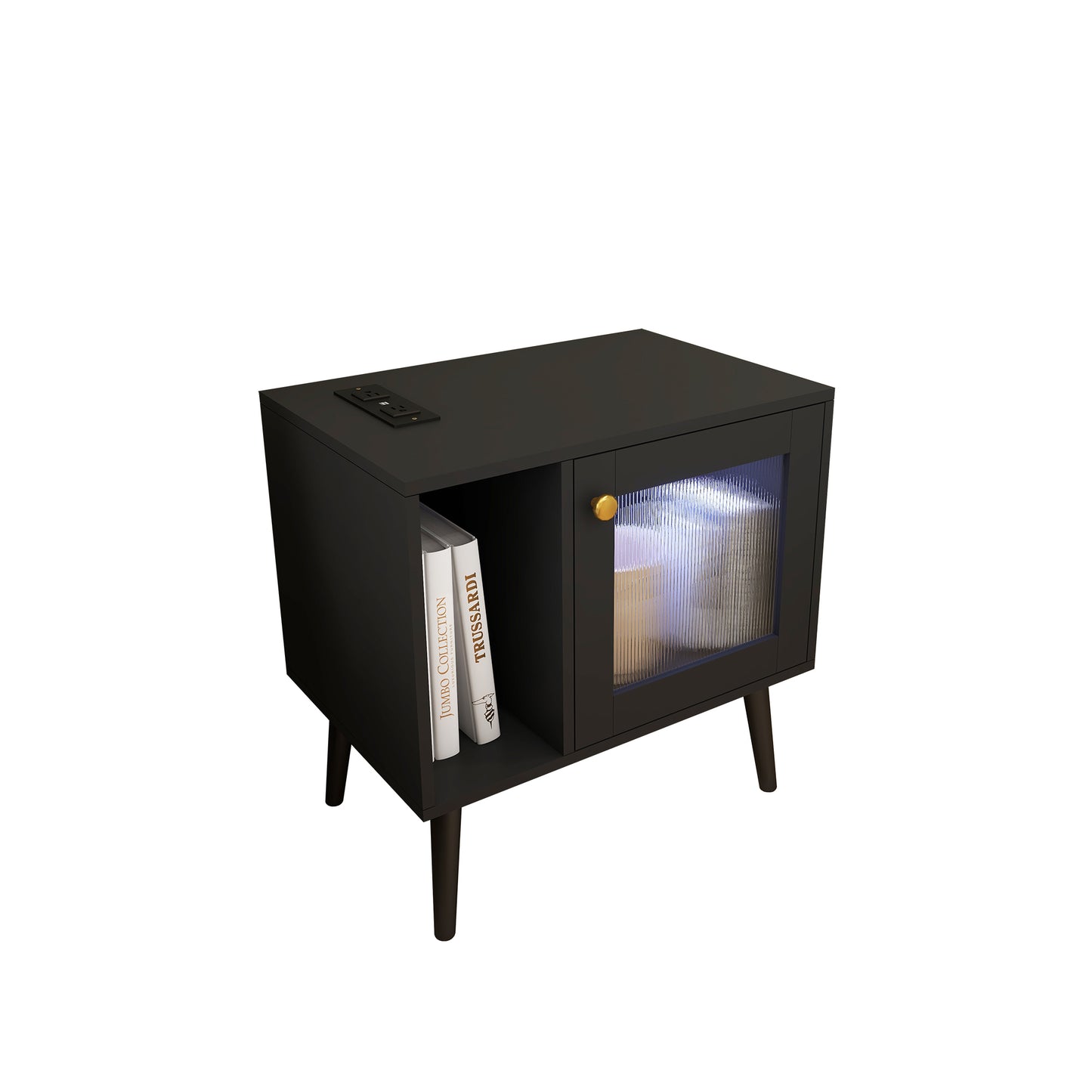 LED Nightstand with Charging Station, Modern End Table with Drawer , Glass Door Bedside Table for Bedroom, Living Room, Black