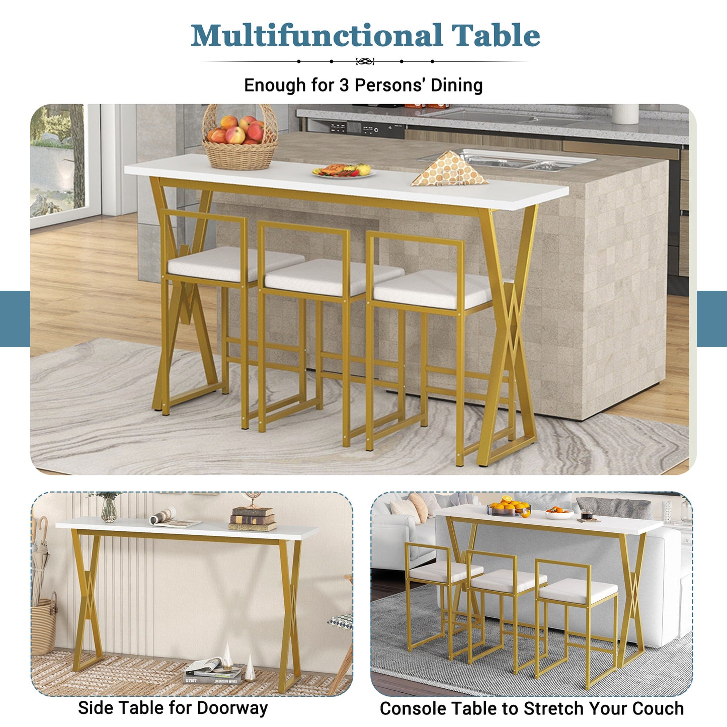 Modern 4-Piece Counter Height Extra Long Console Bar Dining Table Set with 3 Padded Stools for Small Places, Gold