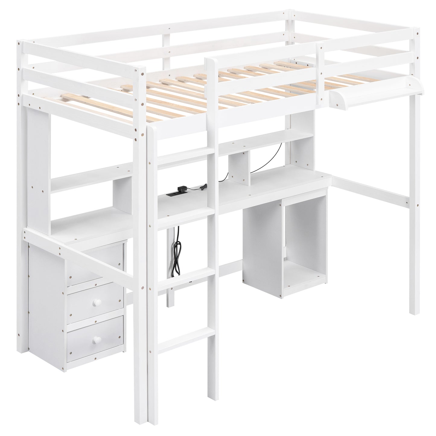 Twin Size Loft Bed with Multi-storage Desk, LED light and Bedside Tray, Charging Station, White