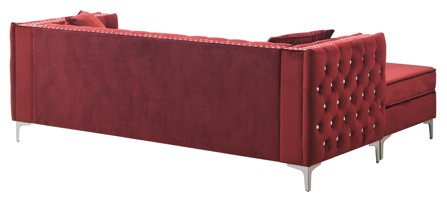 Plush Burgundy Velvet Sofa Chaise with Faux Jewel Tufting