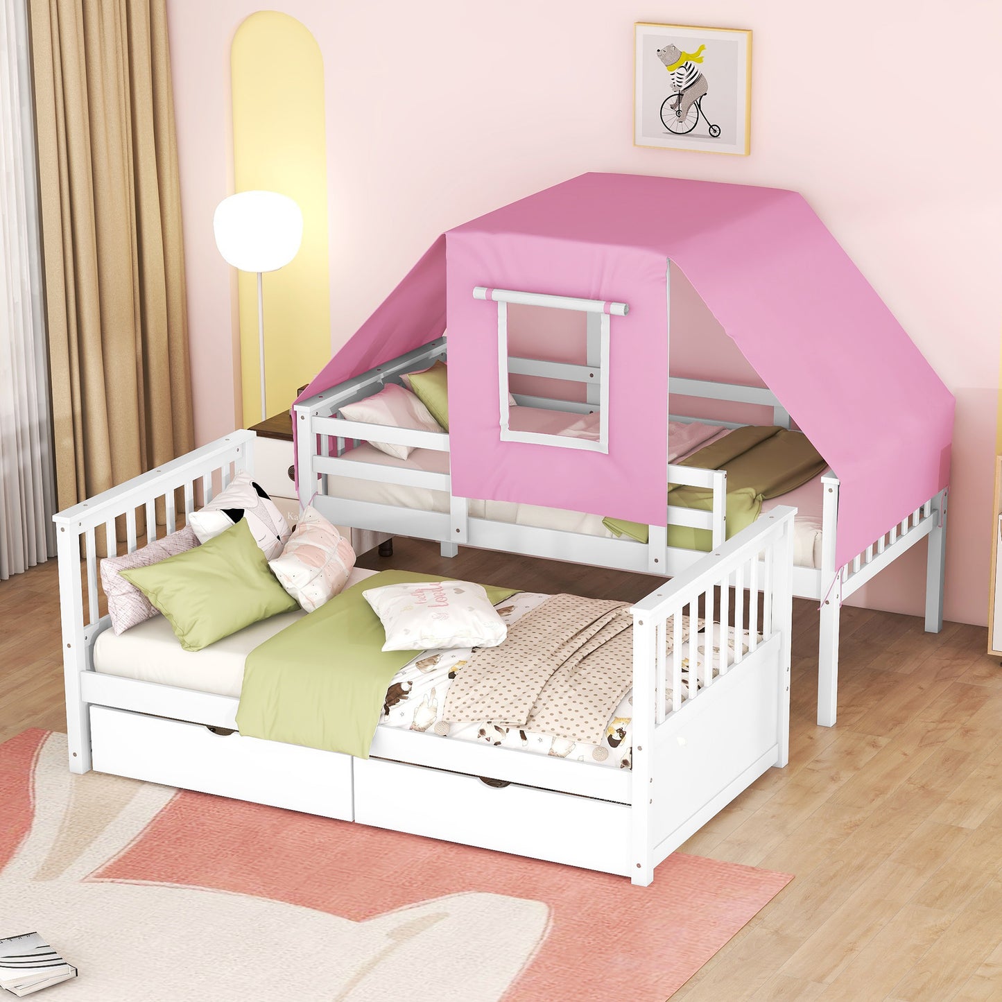 White and Pink Spacious Twin Bunk Bed with Playful Tent and Storage