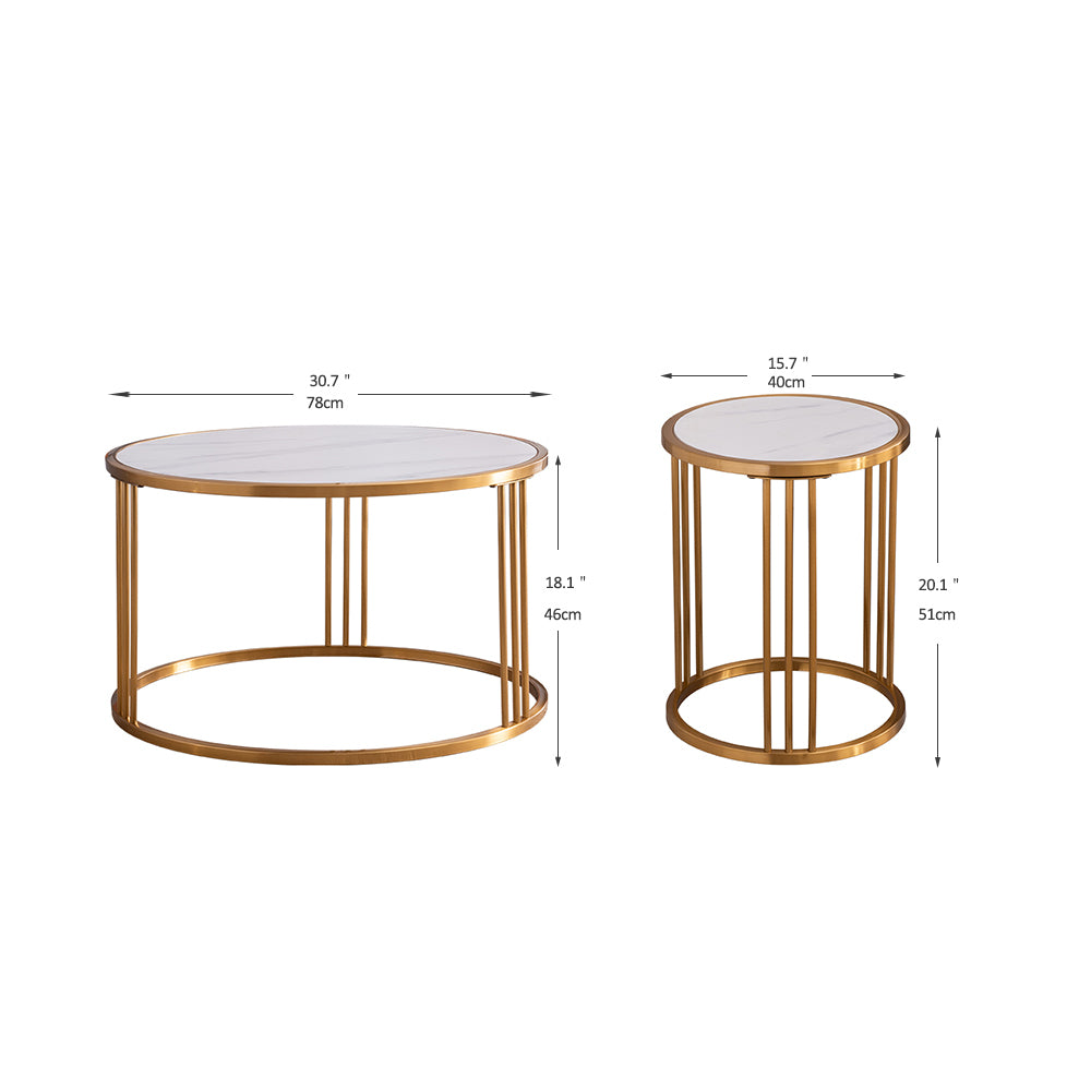 Golden Slate Coffee Table Set of 2: Modern Round Coffee Tables with Steel Frame For Living Room