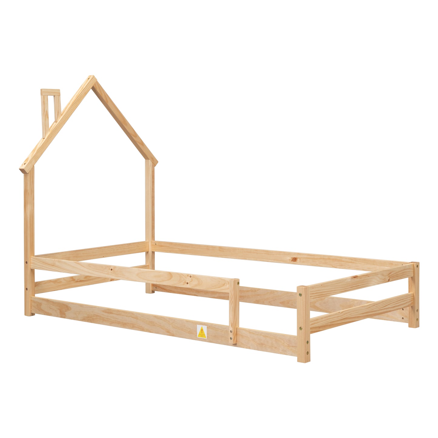 Twin Size Wood bed with House-shaped Headboard Floor bed with Fences,Natural