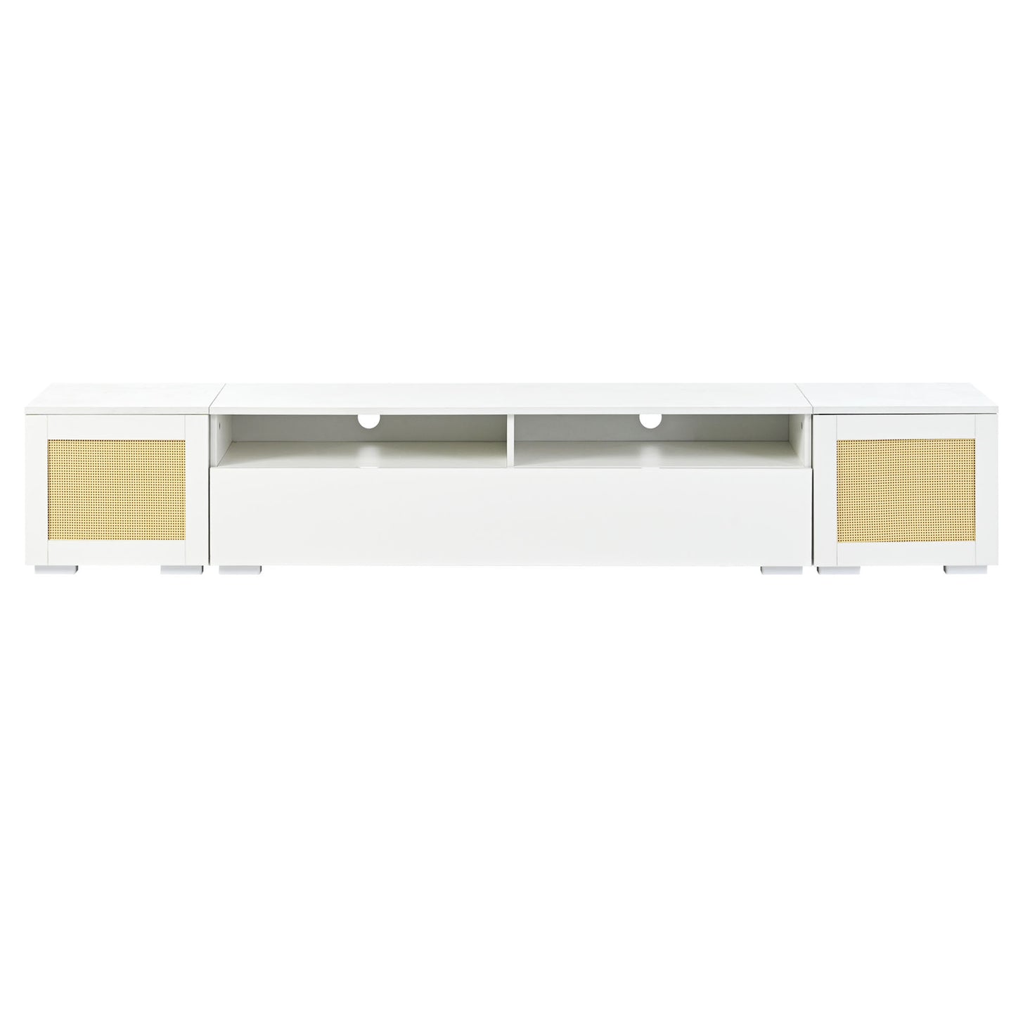 Modern White LED Entertainment Center with Rattan Style Accents and Color Changing Lights