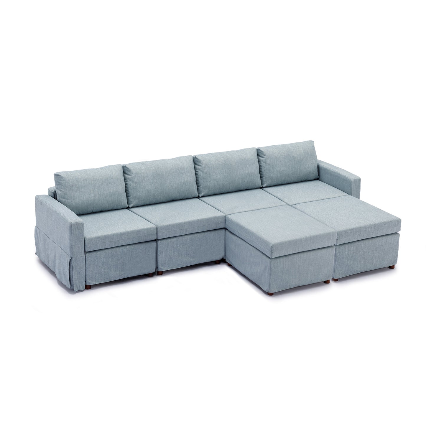 4-Seat Modular Sectional Sofa with Ottoman, Light Blue