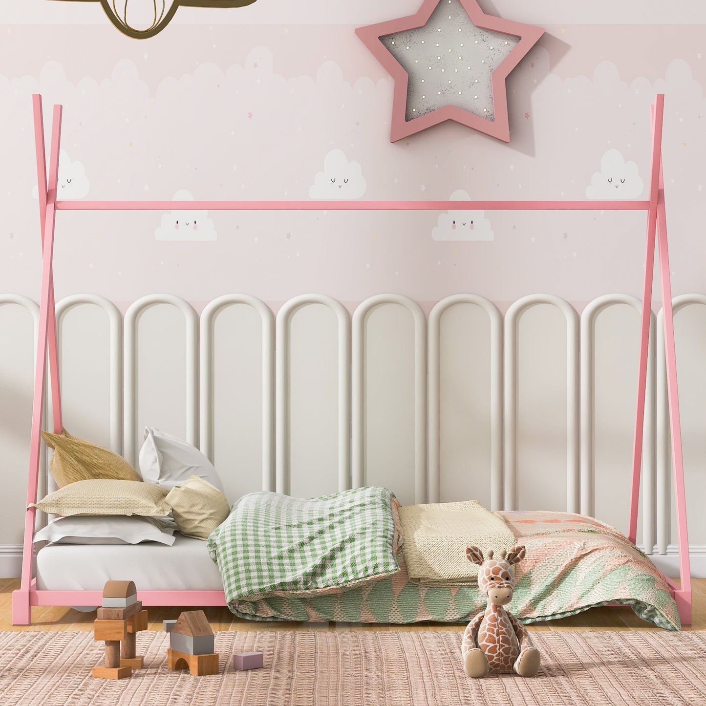 Metal Twin Size House Platform Bed with Triangle Structure, Pink