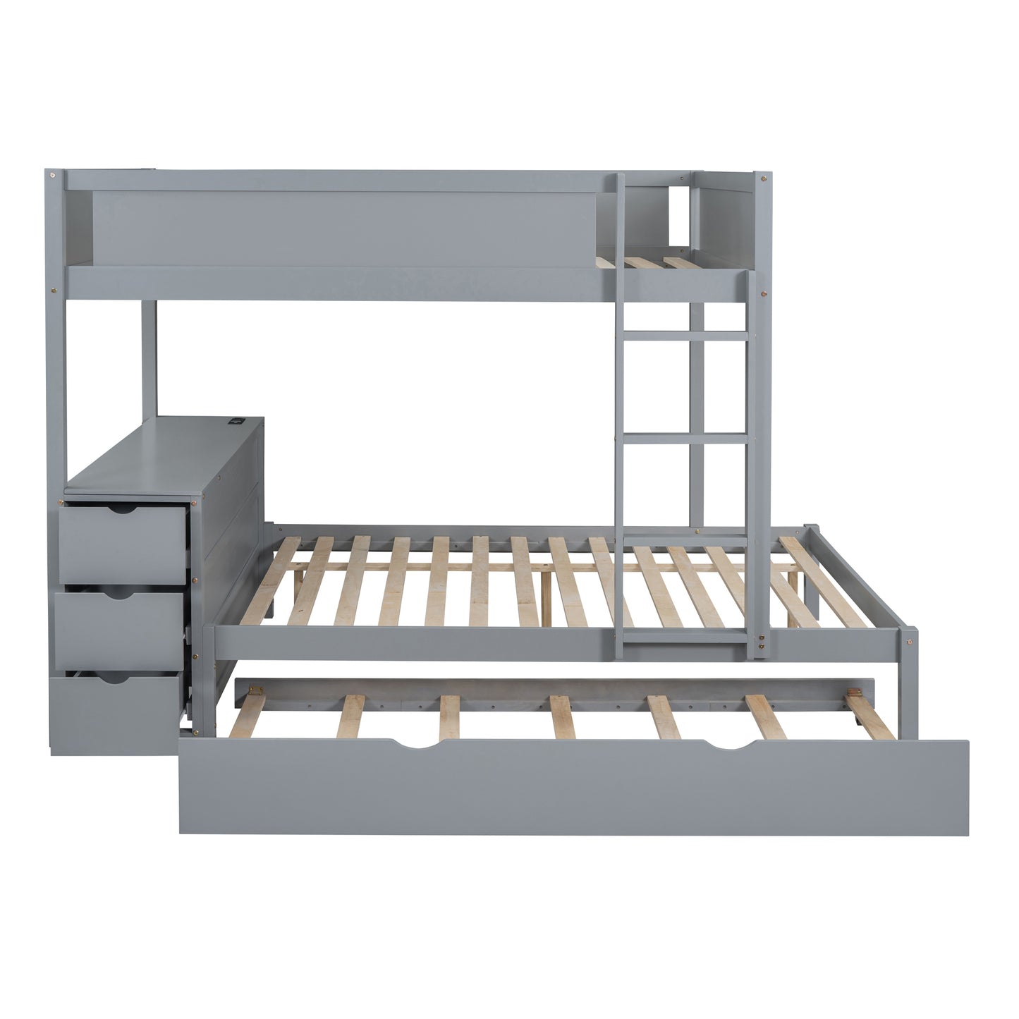 Full-Over-Full Bunk Bed with Twin Trundle, Storage, Desk, and USB Outlets, Gray - Ultimate Space-Saving Solution for Bedroom