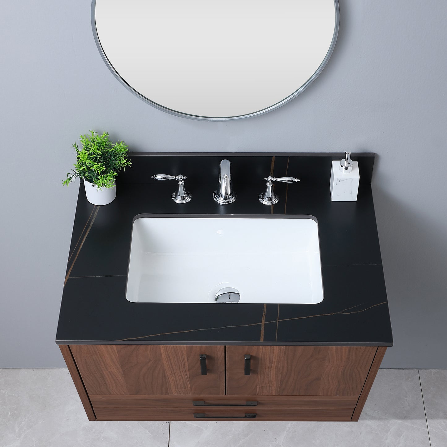 Montary 31inch  sintered stone  bathroom vanity top  black gold color with undermount ceramic sink and three faucet hole with backsplash