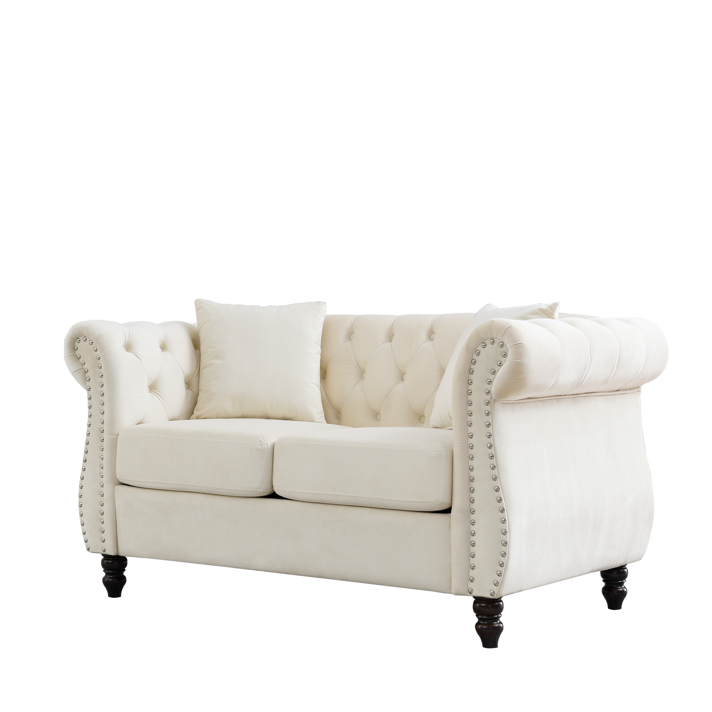 Chesterfield Sofa Beige Velvet 2 Seater with Rolled Arms and Nailhead Trim