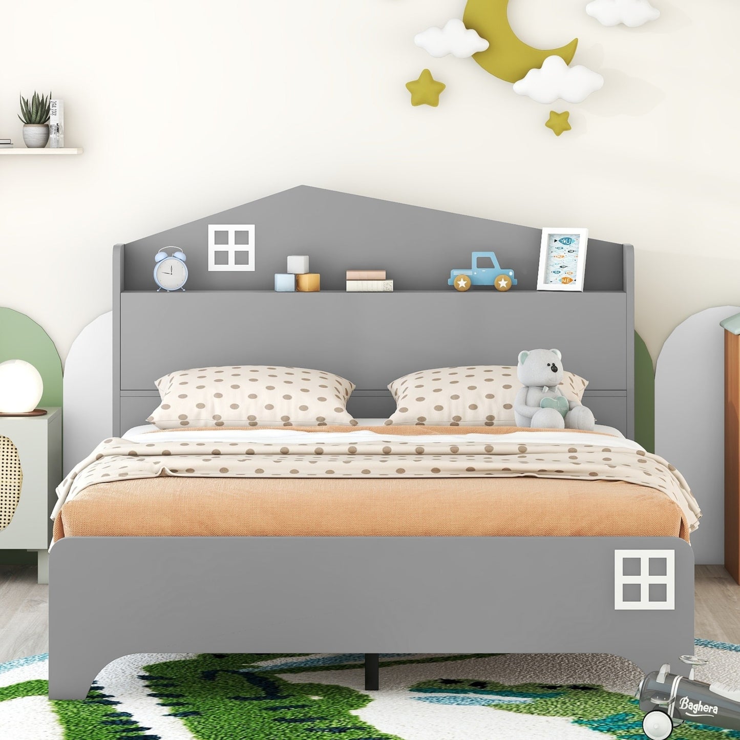 Wooden Full Size House Bed with Storage Headboard ,Kids Bed with Storage Shelf,Grey