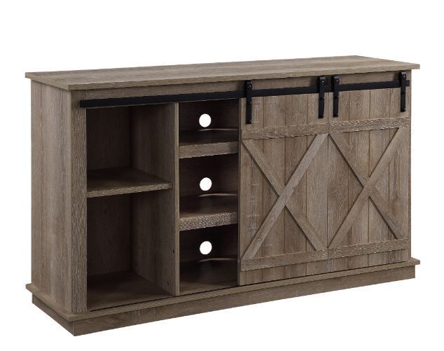 Bellona Oak Finish TV Stand with Sliding Barn Doors, Industrial Style