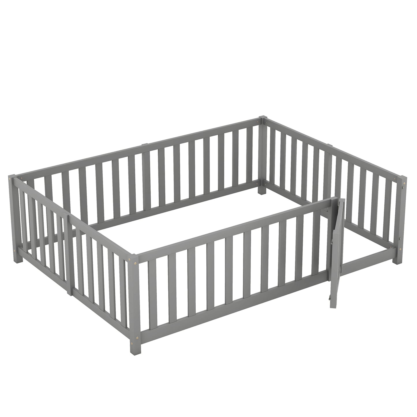 Full Size Wood Daybed with Fence Guardrails and 2 Drawers, Used as Independent Floor Bed & Daybed, Gray