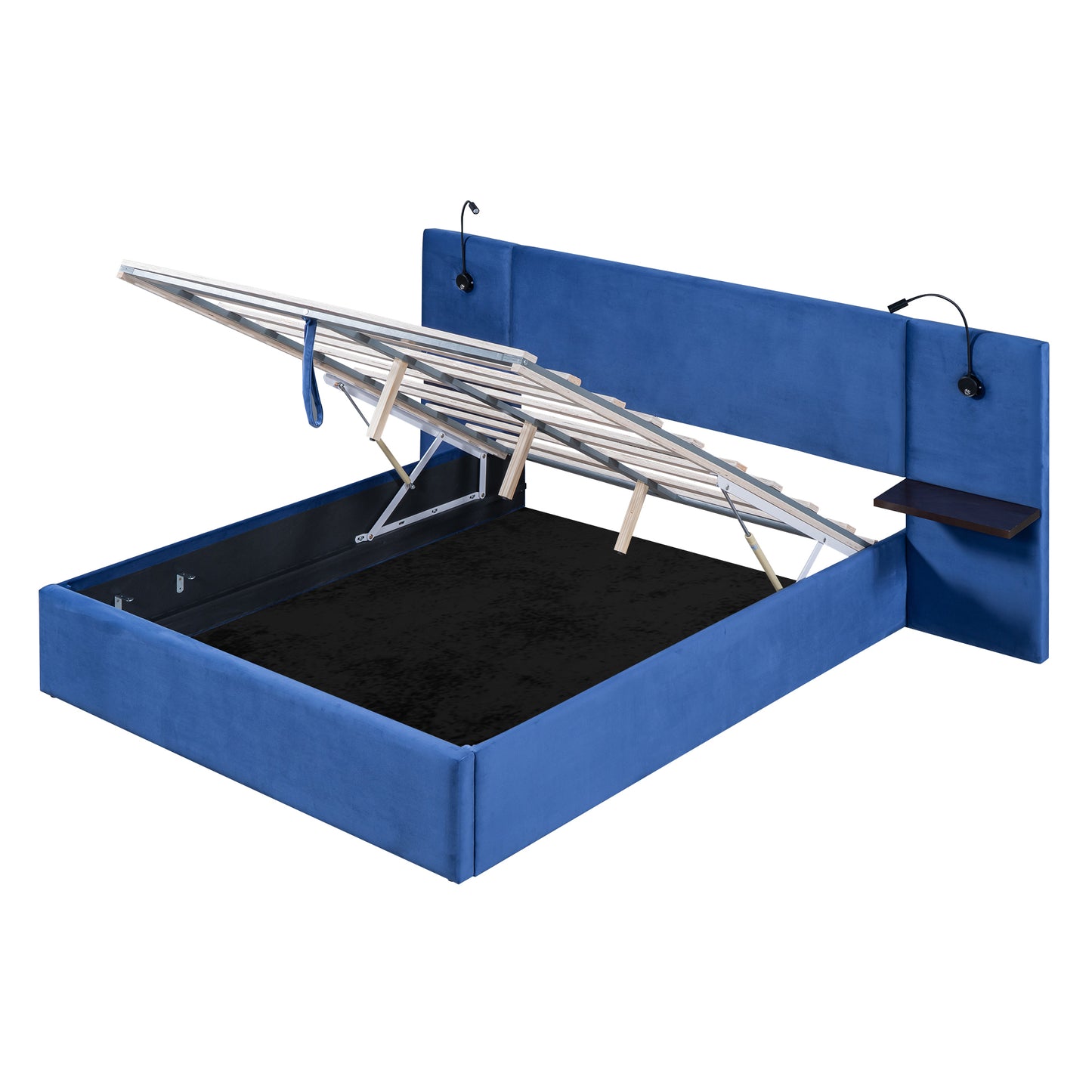 Queen Size Storage Upholstered Hydraulic Platform Bed with 2 Shelves, 2 Lights and USB, Blue