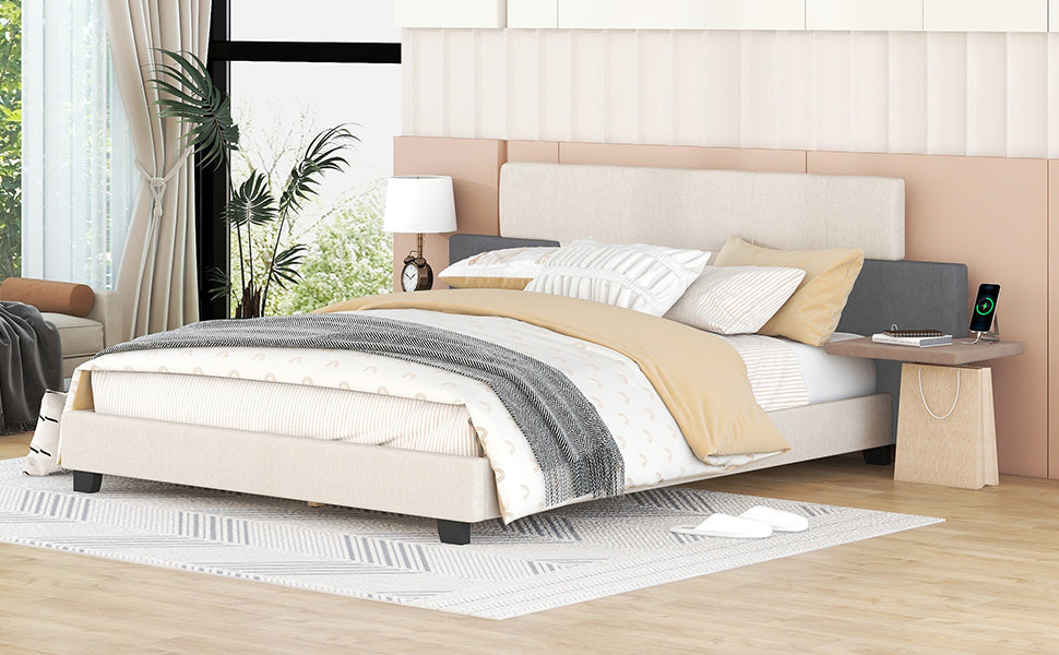 Queen Size Upholstered Platform Bed with Bedside Shelves and USB Charging Design, Beige+Gray